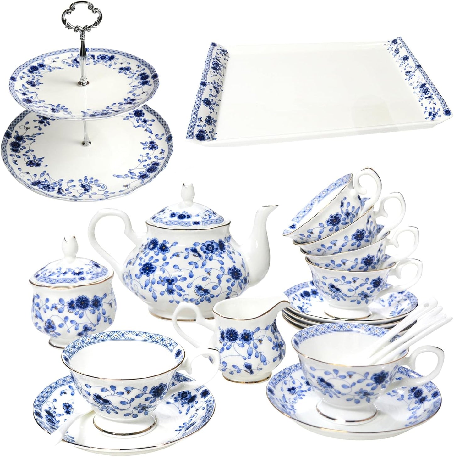 Bone China Tea Set with 2-Tier Afternoon Tea Stand and Serving Trays
