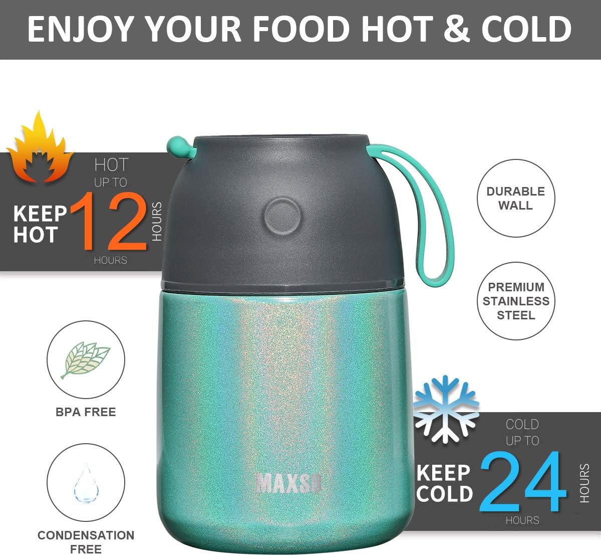 Insulated Food Jar for Hot & Cold Food for Kids Adult,17 oz Soup Thermo Hot Food Containers for Lunch, Triple Layer Insulation Stainless Steel Food Jar with Spoon (GPeacock)