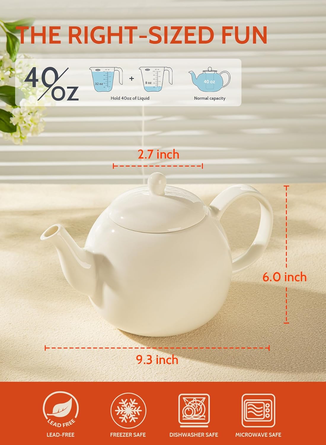 Sweese Porcelain Teapot, 40 Ounce Tea Pot - Large Enough for 5 Cups, White