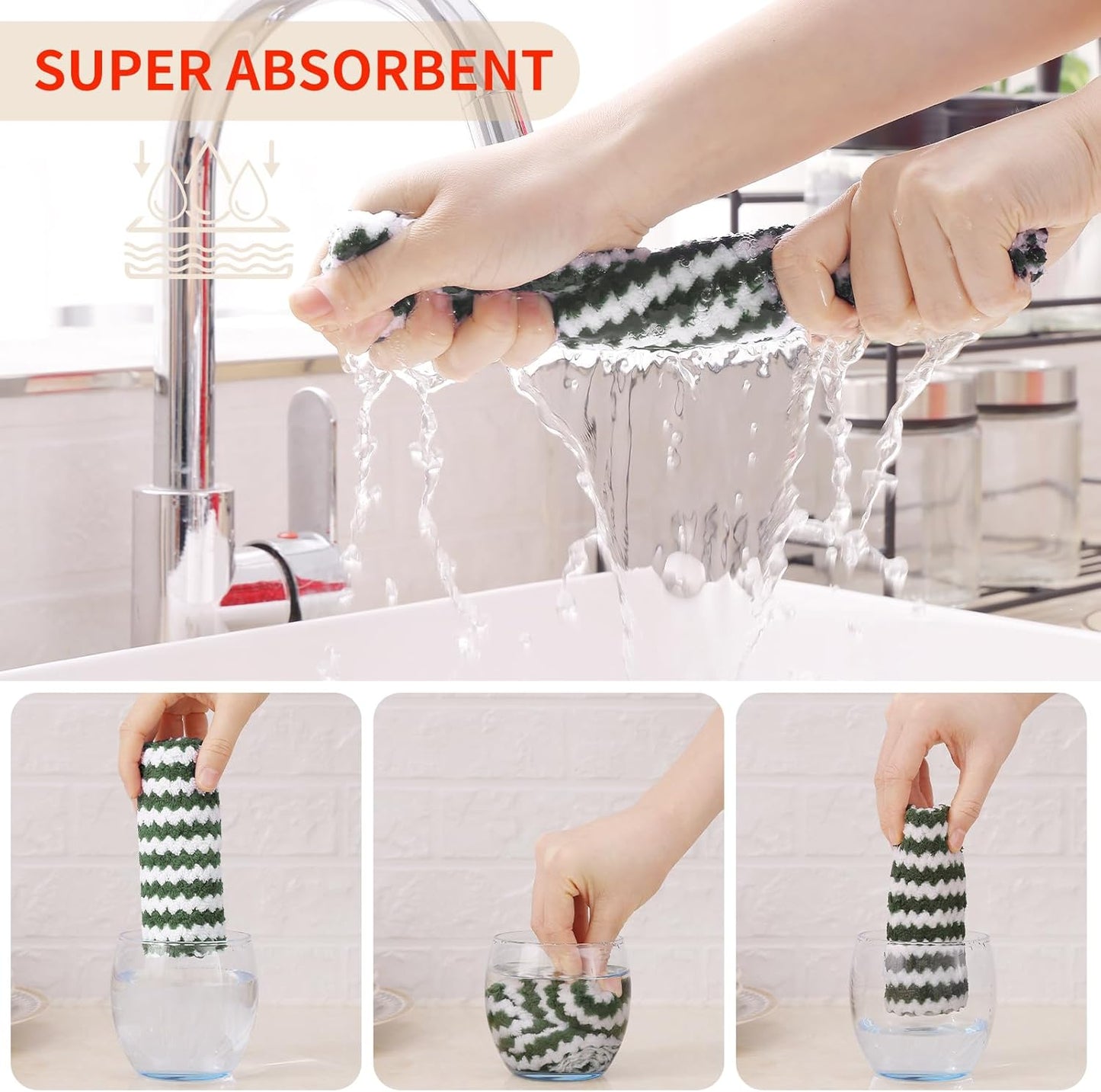 Homaxy Kitchen Towels(12 Pack, 10 x 20 inches), Ultra Soft and Absorbent Dish Towels, Reusable Fast Drying Microfiber Cleaning Cloth, Coral Velvet Wave Design No-lint, Grass Green