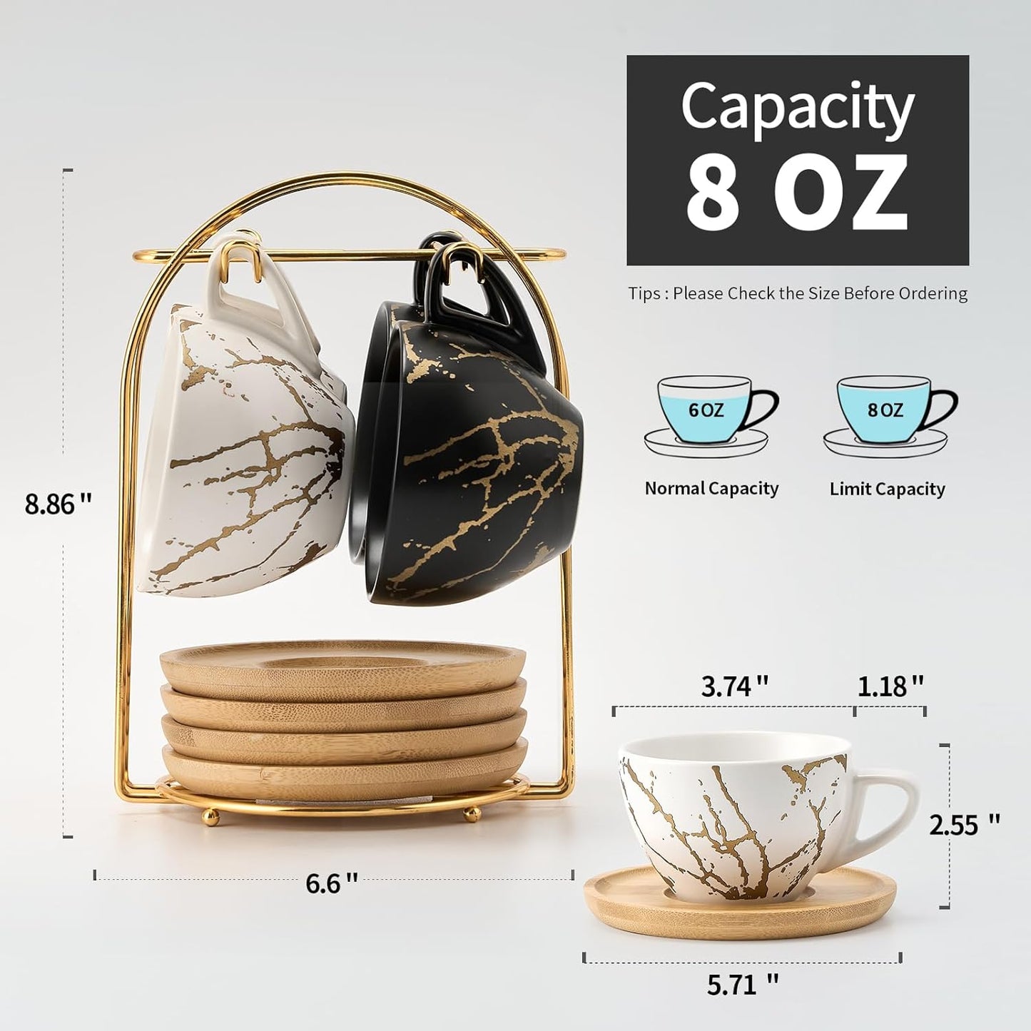 LUKA Ceramic Demitasse Espresso Cups Set with Saucers and Metal Stand, 8 oz Porcelain Stackable Cappuccino Cups Teacup For Tea, Espresso, Latte, Coffee, Cafe Mocha, Set of 4, White & Black