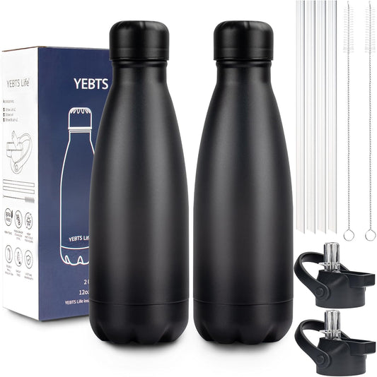 Insulated Water Bottle, 2 Pack-12oz Stainless Steel Water Bottles with straw lid, Metal Sports Water Bottles for Boys,Girls, Double Wall Vacuum BPA-Free Flask for School,Sports & Travel-Black