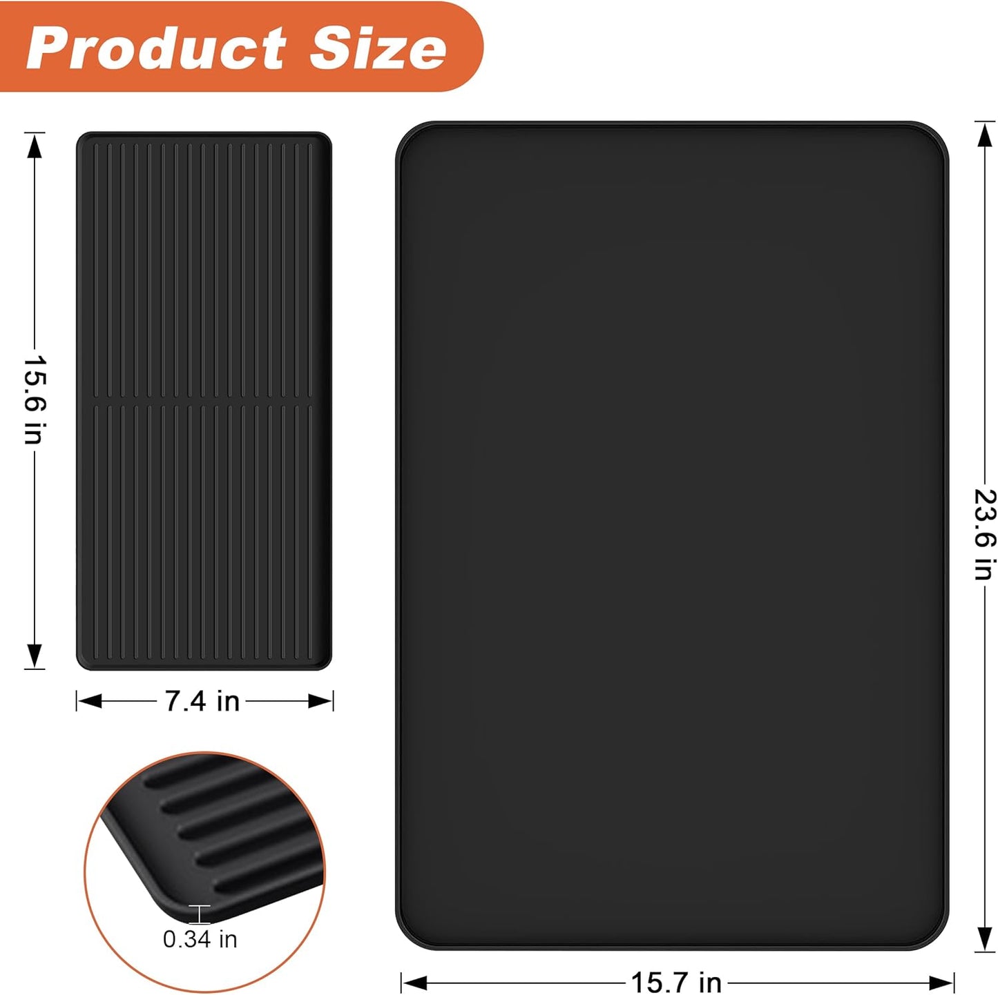 Silicone Coffee Mat, 24 x 16 Inch Non-Slip Heat Resistant, Large and Small Combination Bar Mat, Convex Edge Spill Resistant Design for Coffee Machines and Kitchen Countertops,Straight Stripe Black