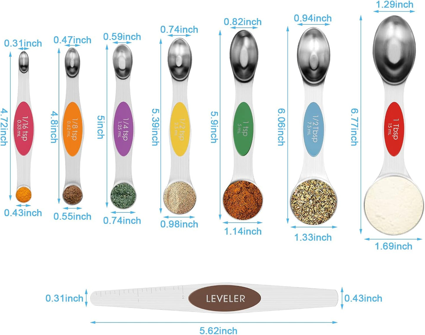 Aovchei 8 PCS Magnetic Measuring Spoons Set, Dual Sided, Stainless Steel Small Tablespoon, Teaspoons, Fits in Spice Jars, for Dry and Liquid, Multi-Color