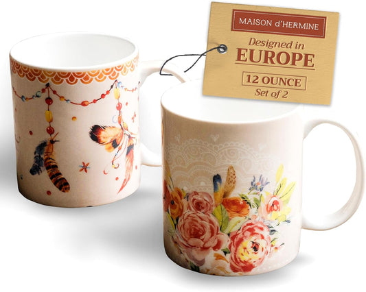 Maison d' Hermine Coffee Mug with Handles Fine Bone China Mugs Pack of Two Tea Cups for Hot Beverages Cappuccino Latte Home Restaurant Office Perfect for Gift (Ibiza - Beige, 12 Ounce)