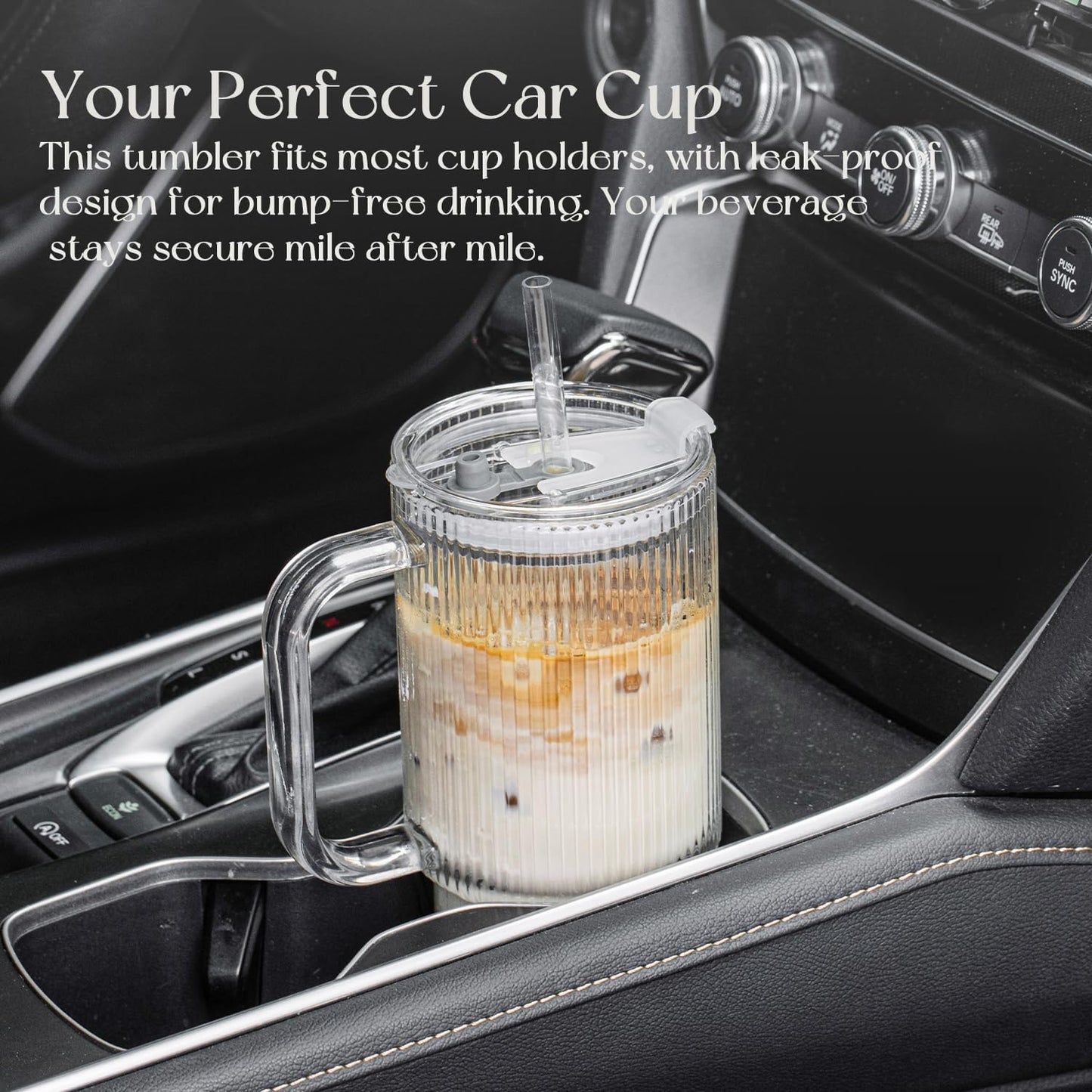 KEMORELA 2-Pack 26oz Ribbed Glass Tumblers with Handle & Lid – Large Iced Coffee Cups with Straws, Aesthetic Glass Mugs for Cold & Hot Drinks, Reusable Smoothie & Tea Cups (2PCS Ribbed Tumblers)