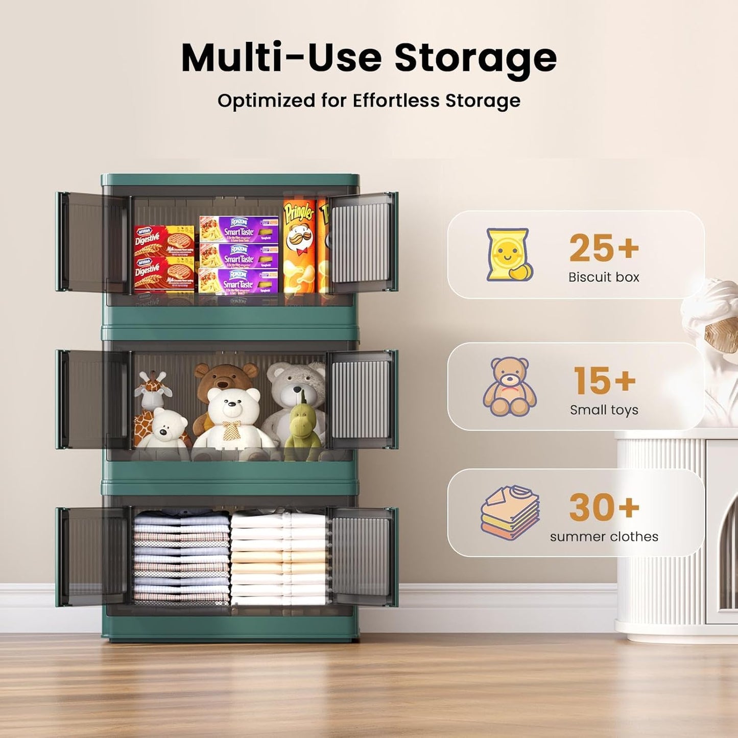 8.4Gal Collapsible Storage Bins with Lids & Wheels - 2 Pack Stackable with Doors, Heavy-Duty Plastic Containers for Home/Office, Green