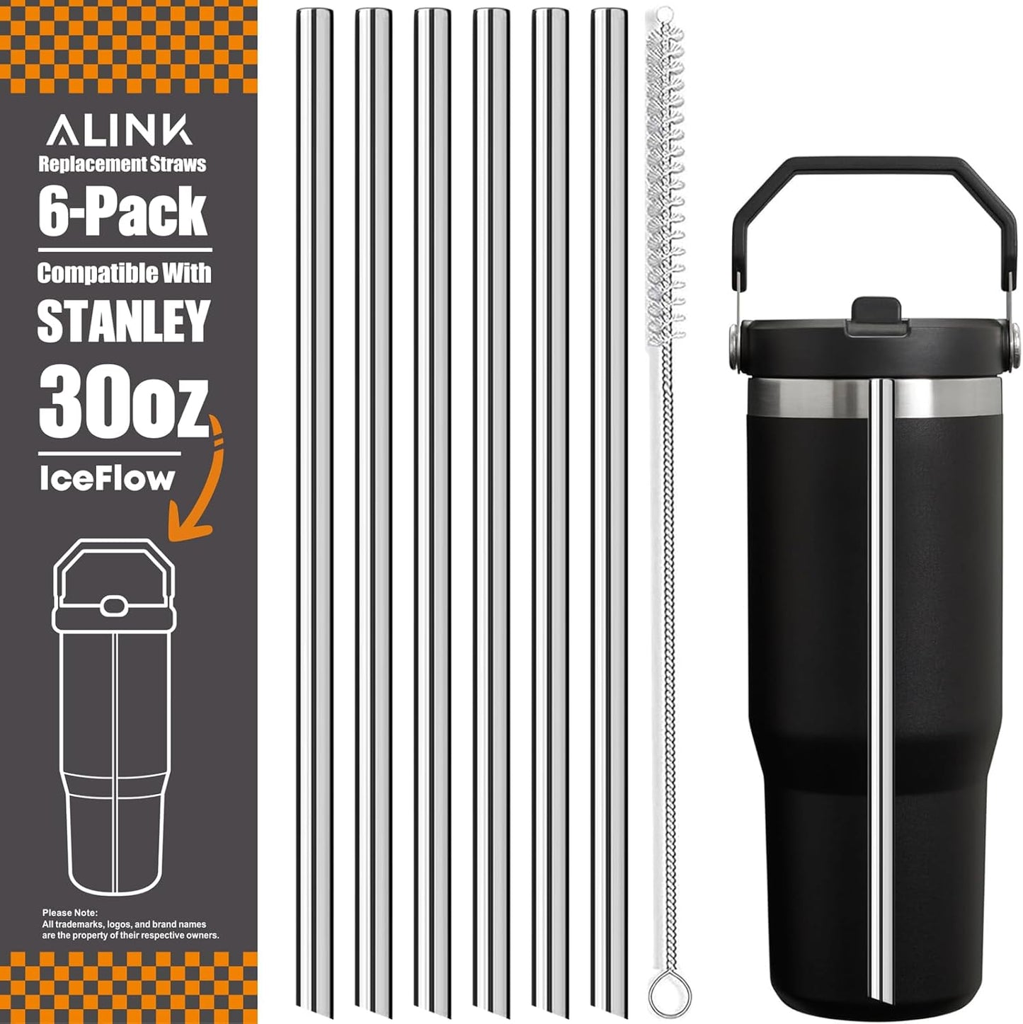 ALINK Stainless Steel Straws Compatible with Stanley Iceflow 30oz Flip Tumbler, 6 Pack Reusable Metal Straws for Stanley Ice Flow 30oz Cup Lid Only, Plus Straw Cleaner Brush