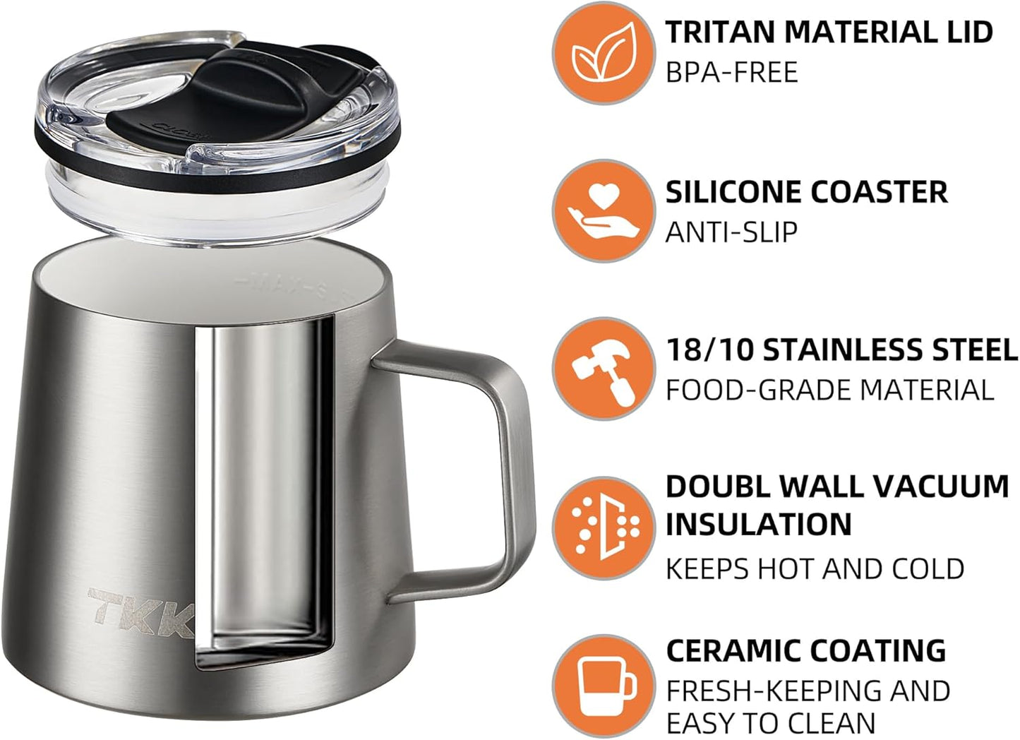 TKK 12 oz Insulated Coffee Mug with Handle Ceramic Coating Detachable Slider Lid Stainless Steel Tumbler Double Wall Vacuum Travel Cup