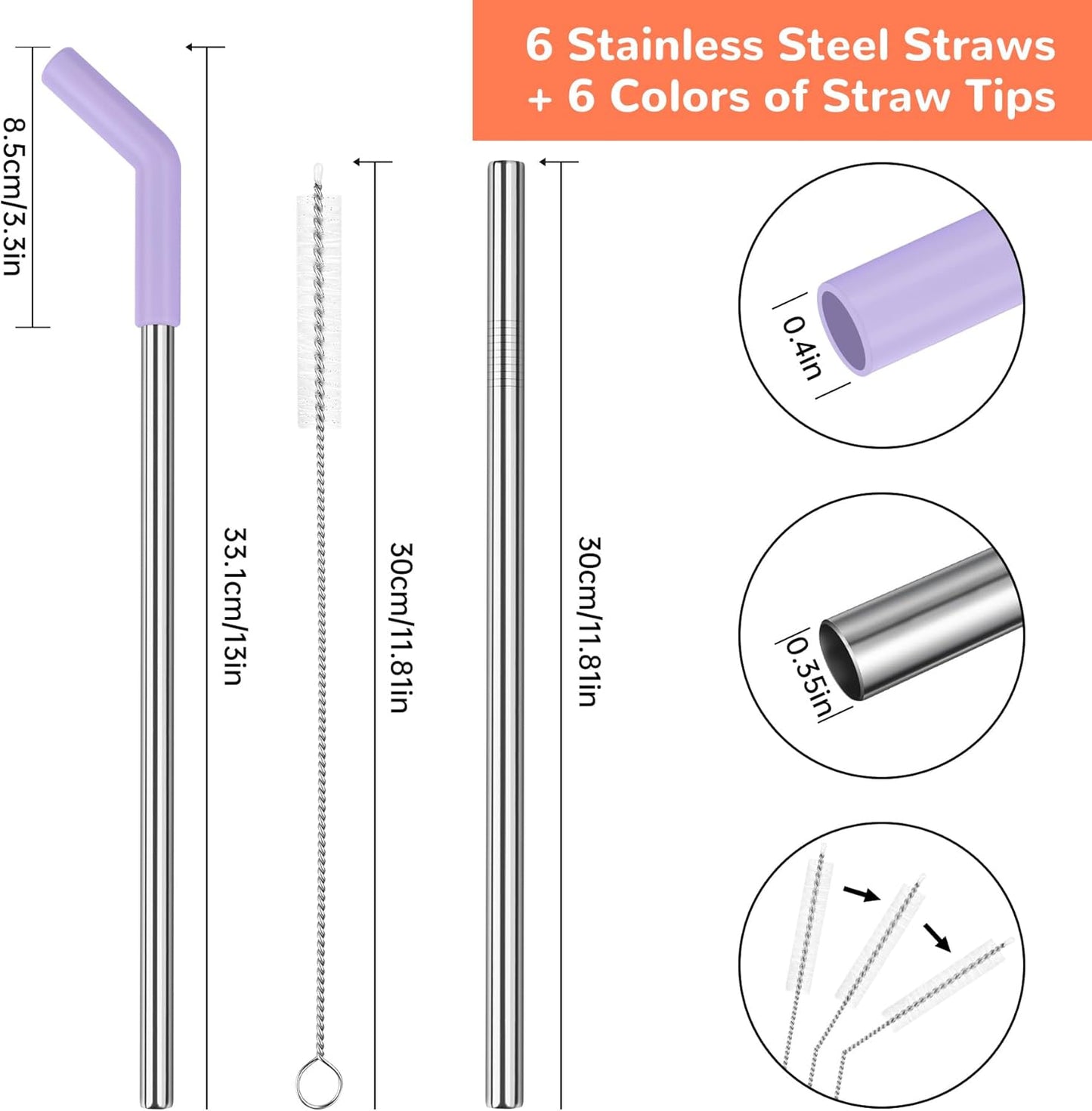 Tomorotec 6PCS Silicone Tip Stainless Steel Straws for 40oz Stanley Tumblers with 2 Cleaning Brushes, 13" Long BPA-Free Healthy & Safe for Outdoor & Home Use, Enhances Drink Enjoyment (Macaron Colors)