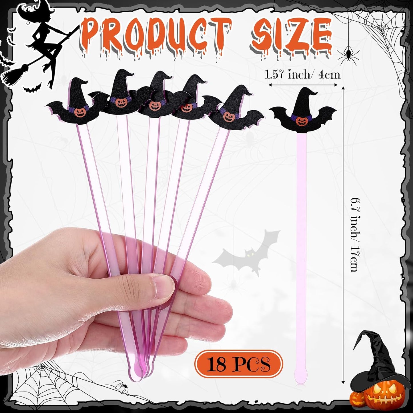 Remerry 18 Pcs Halloween Swizzle Sticks 6.7 Inches Halloween Reusable Stir Sticks Acrylic Drink Stirrers Witch Cocktail Coffee Stirrers Bulk for Coffee Bar Cocktail Milk Party Decor(Witch)