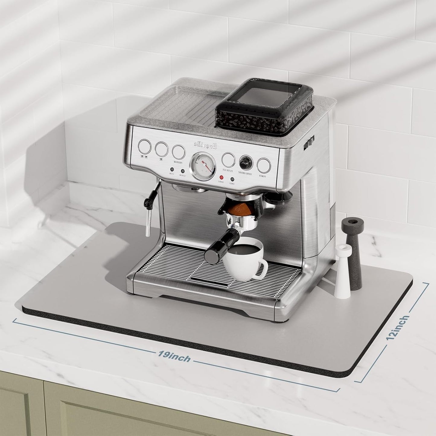 Rnivvi Coffee Mat, 12" x 19" Coffee Bar Mats for Espresso Machine Station Accessories and Organizer, Hide Stain Rubber Backed Absorbent Dish Drying Pad for Kitchen Counter, Cute Bar Decor Pad, Gray