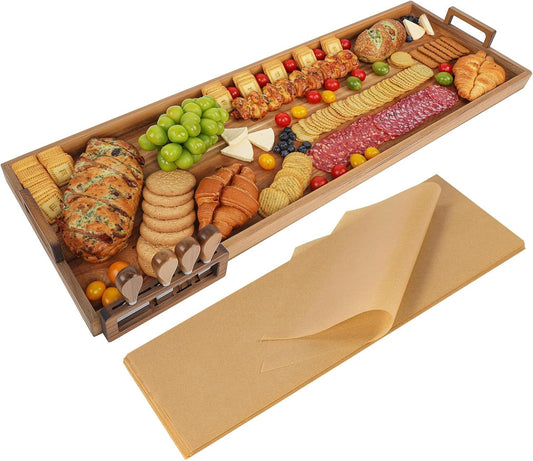 Large Charcuterie Board with Cheese Knife Set,36 x 12 Inch Acacia Wood Large Serving Tray with Handles,Long Wooden Serving Board with 30Pcs Wax Paper,3ft Extra Long Cheese Board