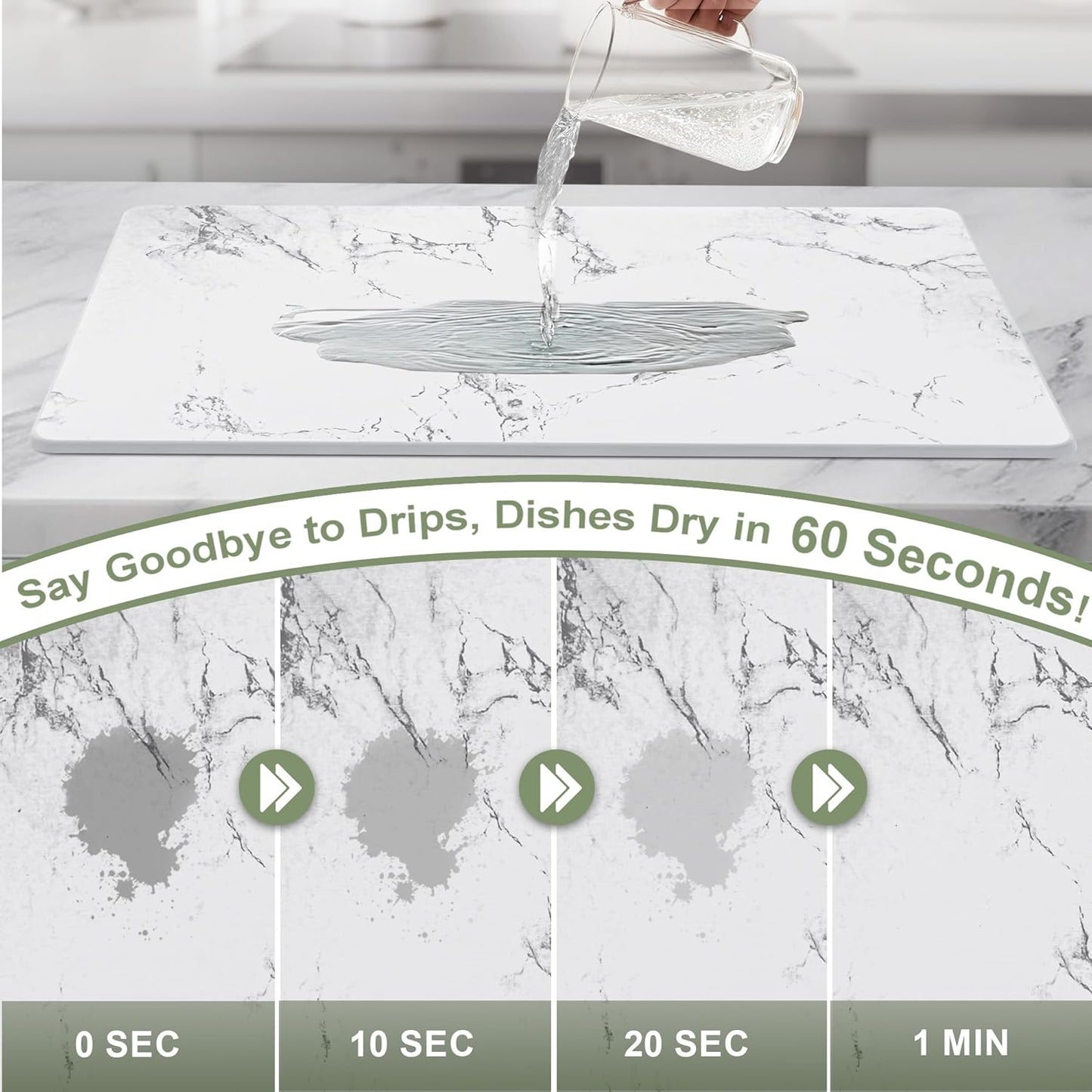 Large Stone Drying Mat for Kitchen Counter, 24" × 16" Diatomite Dish Drying Mat, Quick Dry Stone Mats, Ultra Absorbent Natural Diatomaceous Earth Mats for Dished, Bottles, White Marble