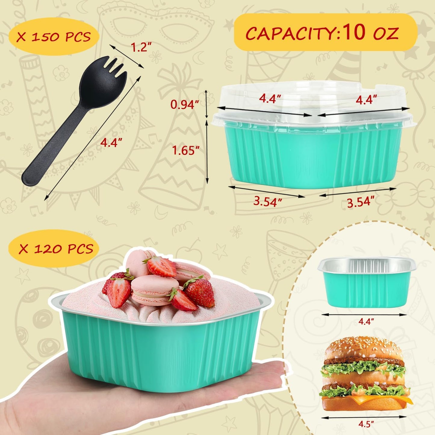 LNYZQUS 120pack/10oz Foil Mini Cake Tins with Lids 4”X4” Small Cake Baking Pans Cupcake Containers,Disposable Ramekins Mini Aluminum Brownie Pan Large Muffin Cups Holders-Cyan Blue