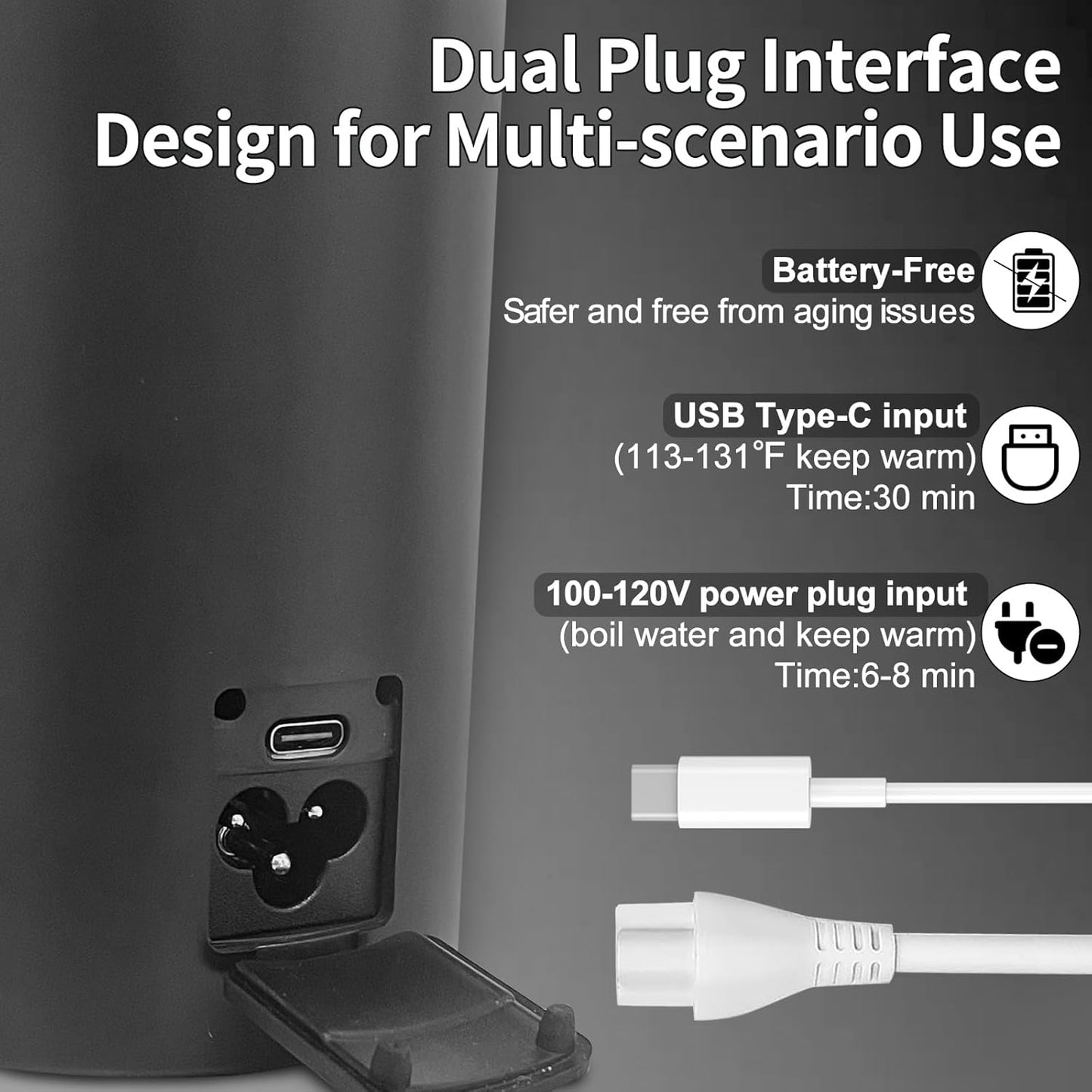 Travel Mini Kettle Portable Small Electric Kettle with Plug-in Boiling & Keeps Warm via USB, Portable Water Boiler with 4 Temperature Settings, 304 Stainless Steel with Auto Shut-off 16oz(Black)