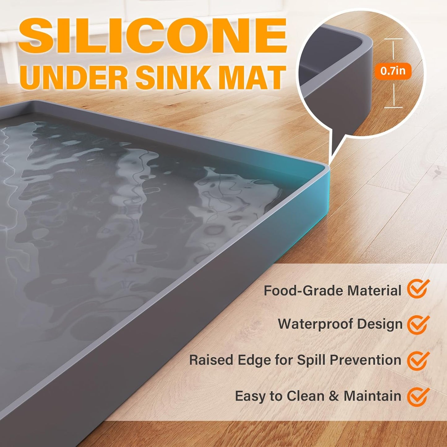 FLATO Waterproof Under Sink Mat 31" x 22" Shelf Liner for Kitchen and Bathroom, Cabinet Protector, Organizers and Storage, Flexible Silicone Drip Tray