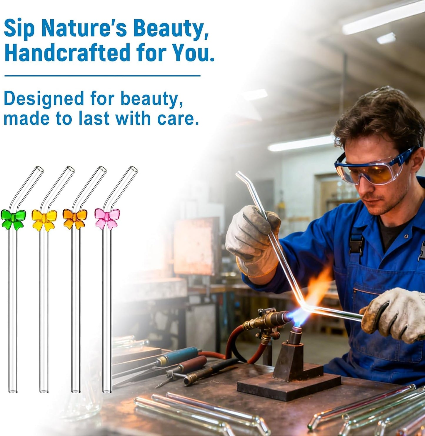 Cute Glass Straws with Charms, Bent 8mm 9in Clear Borosilicate Reusable Drinking Straws with Handmade Colored Bows for Cocktail, Iced Coffee, Tumbler, Mason Jars, Party & Gift Set with Case and Brush