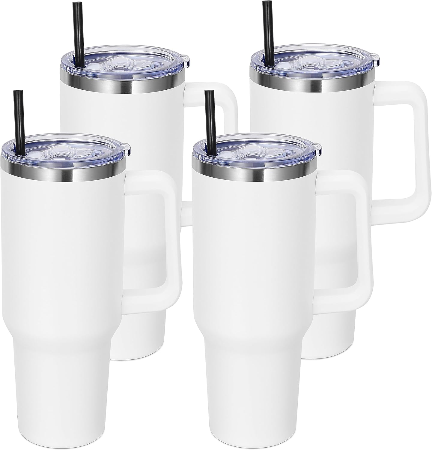 DOMICARE 40 oz Tumbler with Handle and Straw, Stainless Steel Tumbler with Lid and Straw, Reusable Vacuum Insulated Cup, Travel Coffee Mug, White, 4Pack