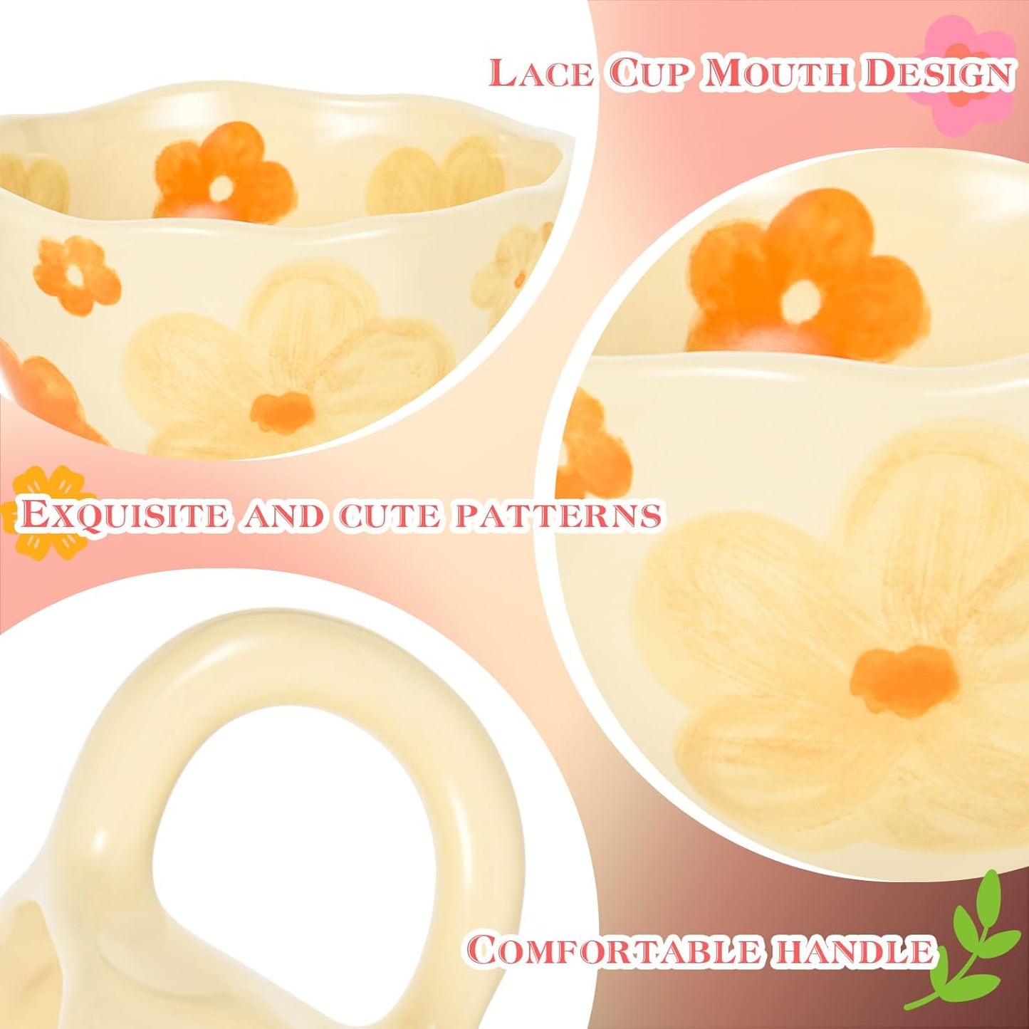 Ceramic Coffee Mug Vintage Flower Mugs 8 oz Cute Floral Coffee Mugs Irregular Latte Art Cup Lead-free Porcelain Cups for Cappuccino, Cocoa (Orange Flowers)