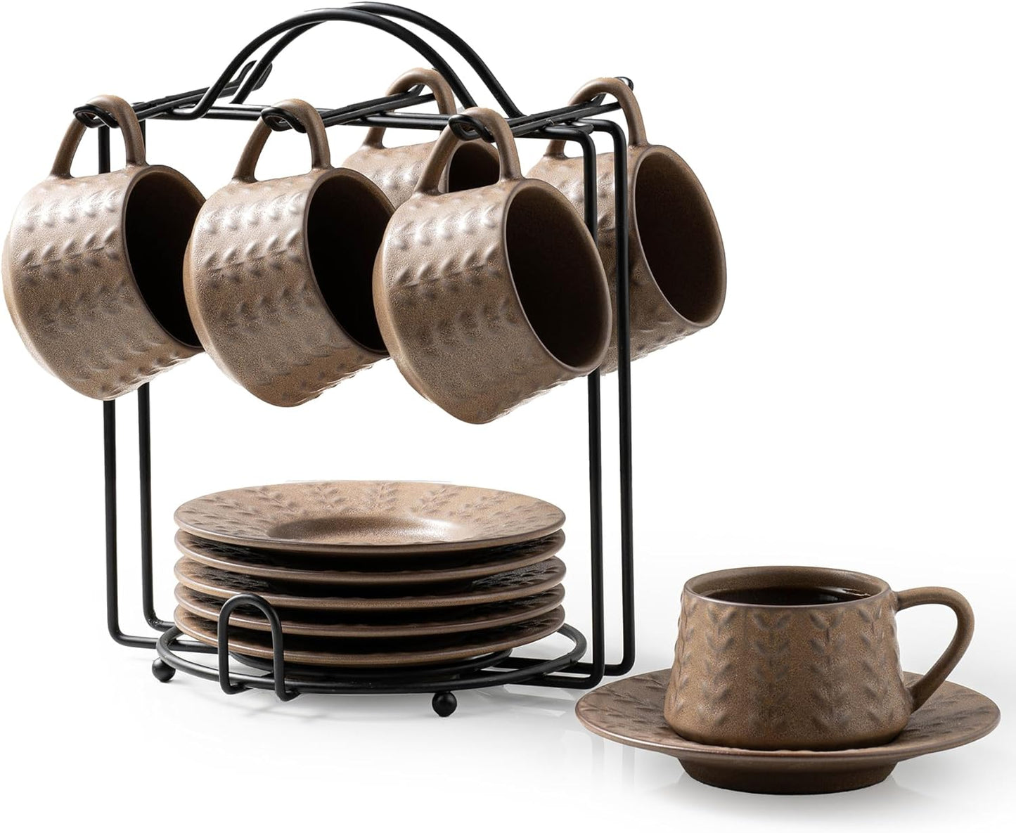 Espresso Cups Set, 4 Oz Porcelain Coffee Cups with Saucer and Metal Stand Small Cappuccino Cups Set of 6 Demitasse Cups for Espresso, Latte, Cafe Mocha, Cappuccino, and Tea, Brown