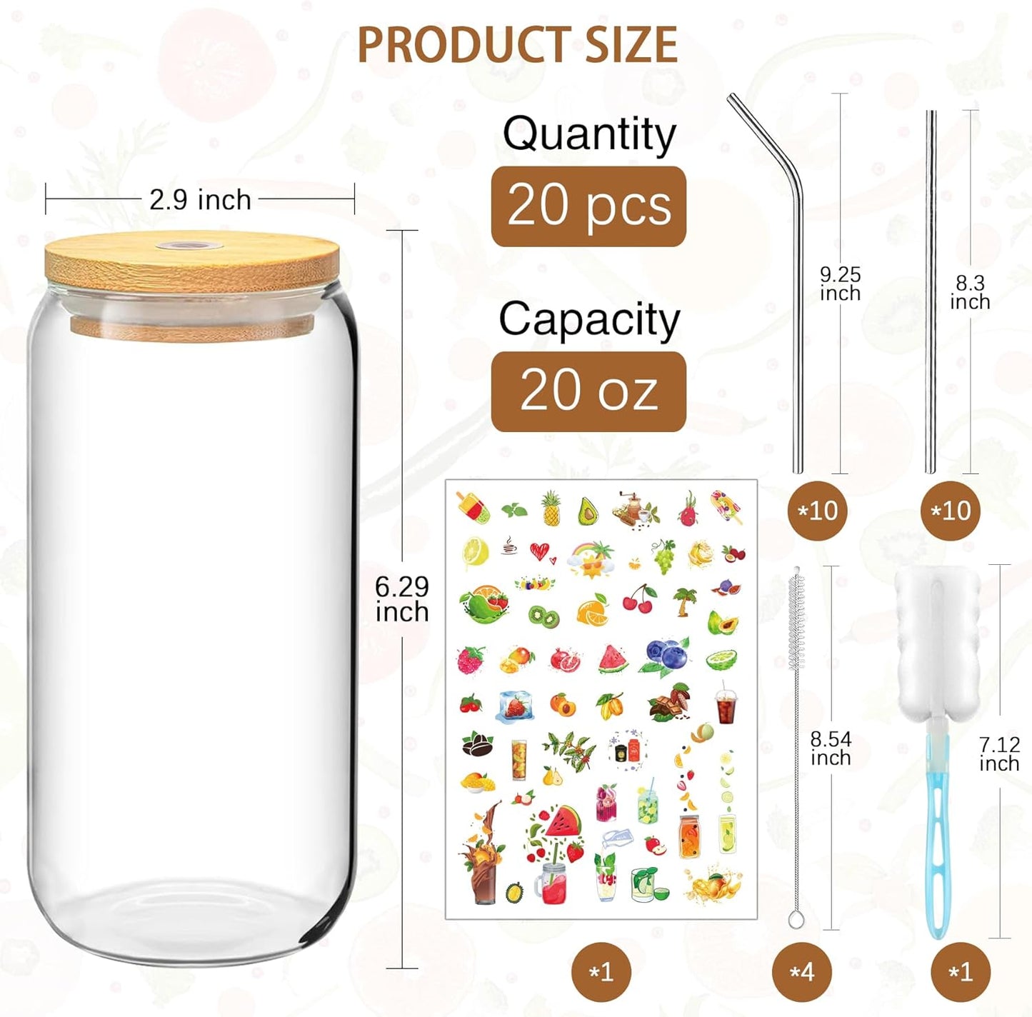 20 OZ Glass Cups with Lids and Straws, 20 Pack Drinking Glasses with Bamboo Lids Stylish Glass Beer Can Cups with Stainless Steel Straws Iced Coffee Cup Great for Soda Boba Tea Cocktail