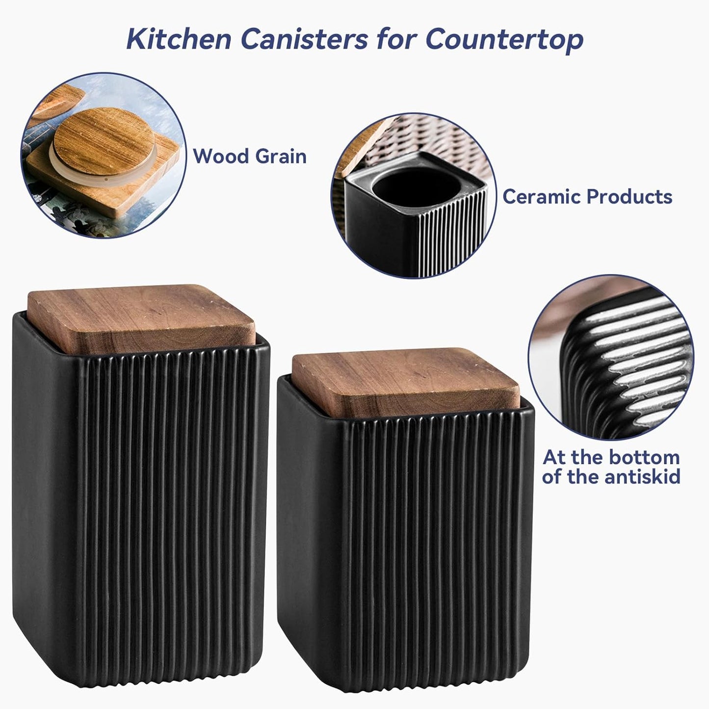 Ceramic Storage Jars Modern Elegant Polished Airtight Gorgeous Storage Canisters with Wooden Lid Small Food Stroage Jar for Kitchen Spice Tea Vanilla Sugar Coffee Beans (Black,Small size,13cm*10cm)