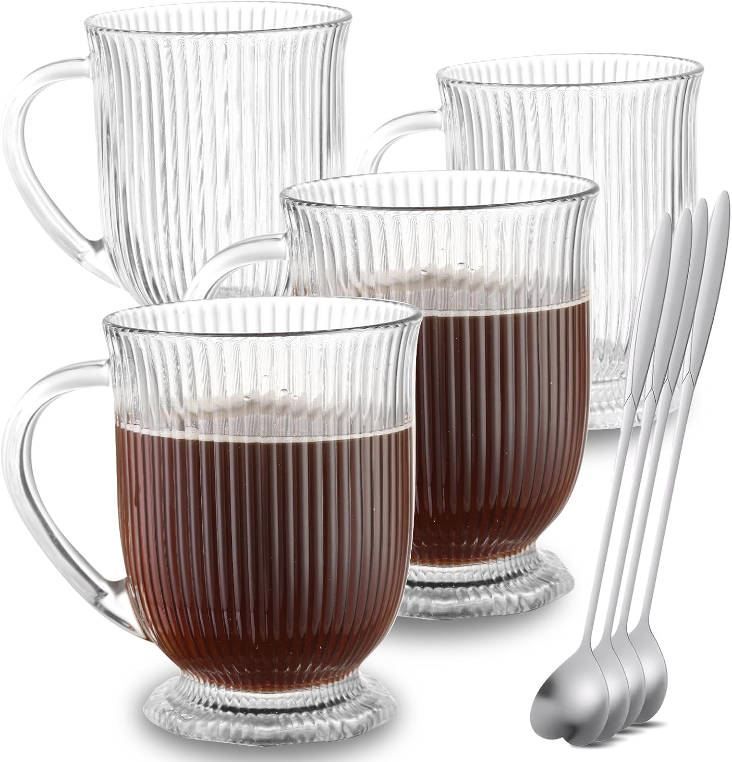 Clear Ribbed Glass Coffee Mugs Set of 4 with Spoon,16 Oz Large Glass Tea Cups with Handle Diner Latte Cups with Footed Base for Hot Beverages,Cappuccino & Espresso Cups, Stylish Drinkware