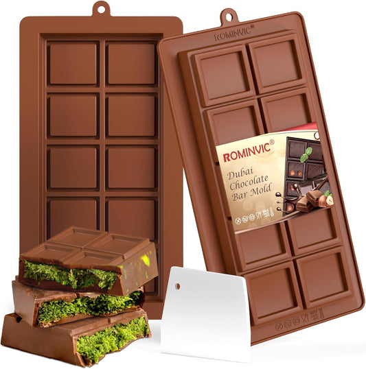 Dubai Chocolate Mold 2 Pack,0.79 Inch Deep Large and Thick Silicone Chocolate Bar Molds and scraper for Stuffed Bar,Big Chocolate Candy Bar Mold for Filling Knafeh Pistachio Kit