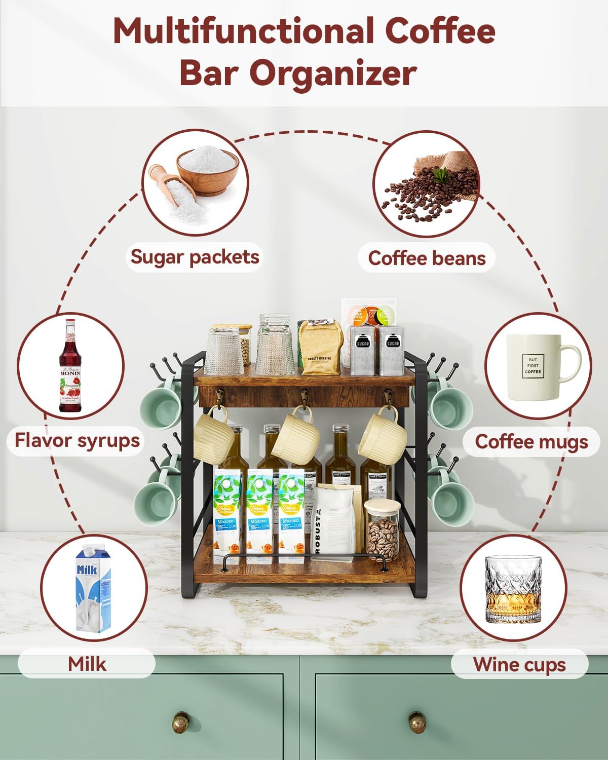 IBUYKE Coffee Bar Station Countertop Organizer,2 Tier Kitchen Mug Cup Holder Stand,Wooden Coffee Mug Organizer with 18 Hooks,Multifunctional Mug Tree for Home Kitchen, Office,Vintage Brown UTBJ006H