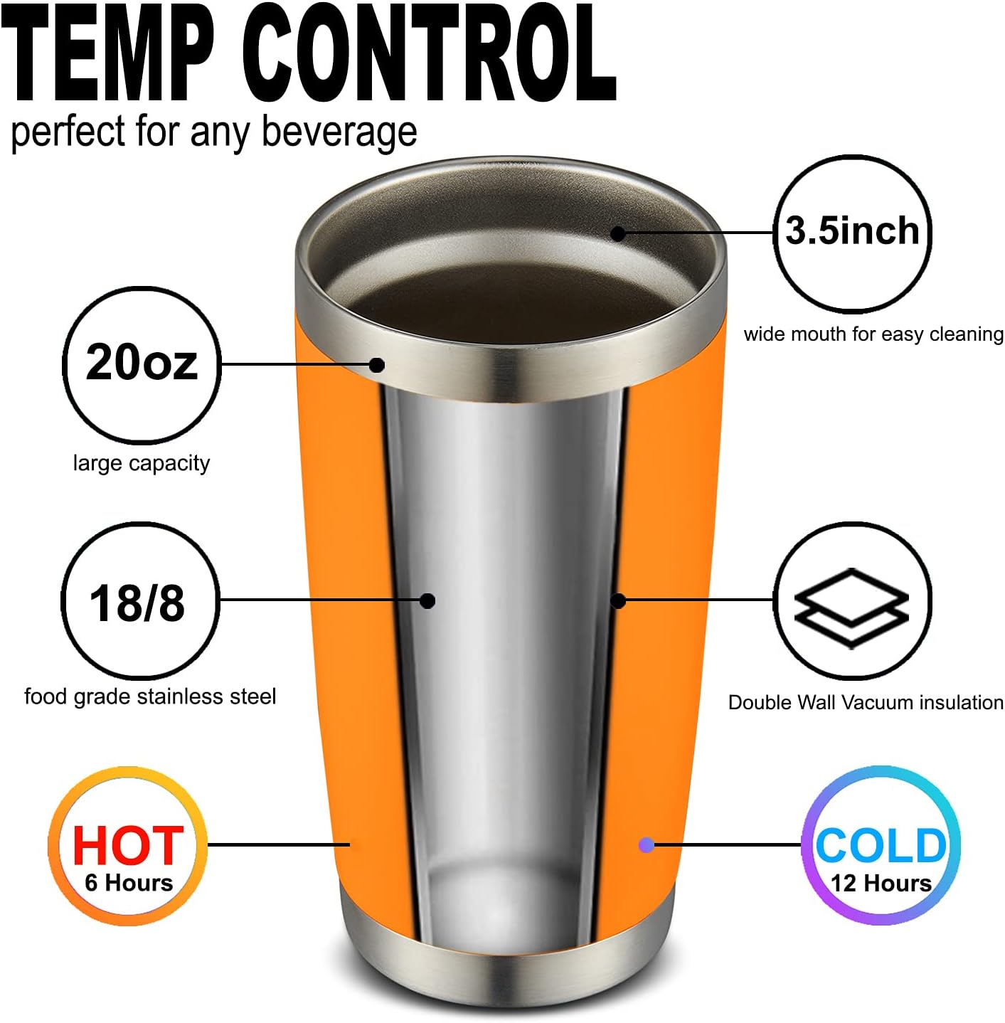 COMOOO 20oz Tumbler Bulk Double Wall Vacuum Insulated Travel Mug, Stainless Steel Tumbler with Lid and Straw Durable Powder Coated Insulated Coffee Cup for Cold & Hot Drinks (Orange, 6 pack)