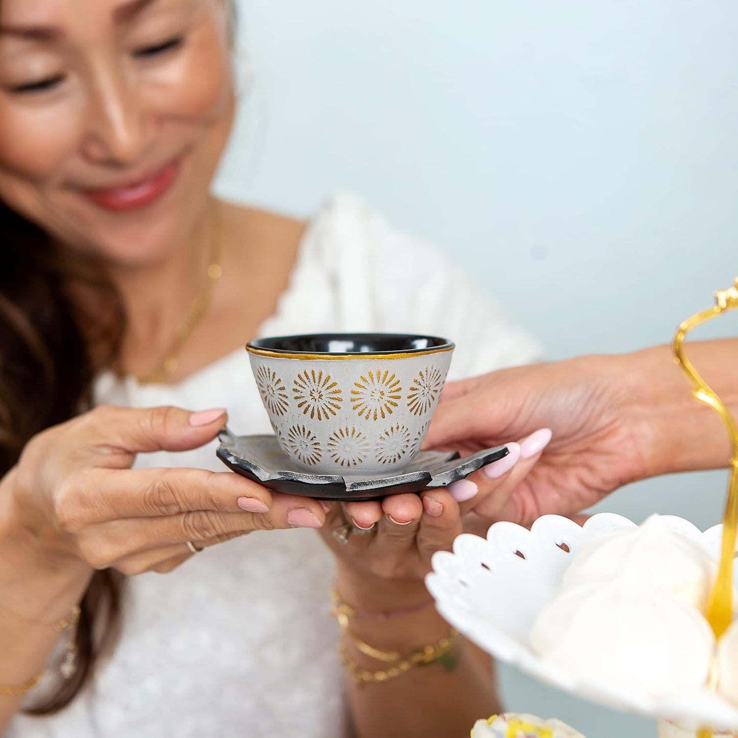 7PC Japanese Tea Set. "Sand Color" Cast Iron Tea Pot with 2 Tea Cups, 2 Saucers, Tea Infuser and Teapot Trivet. Ceremonial Matcha Accessories