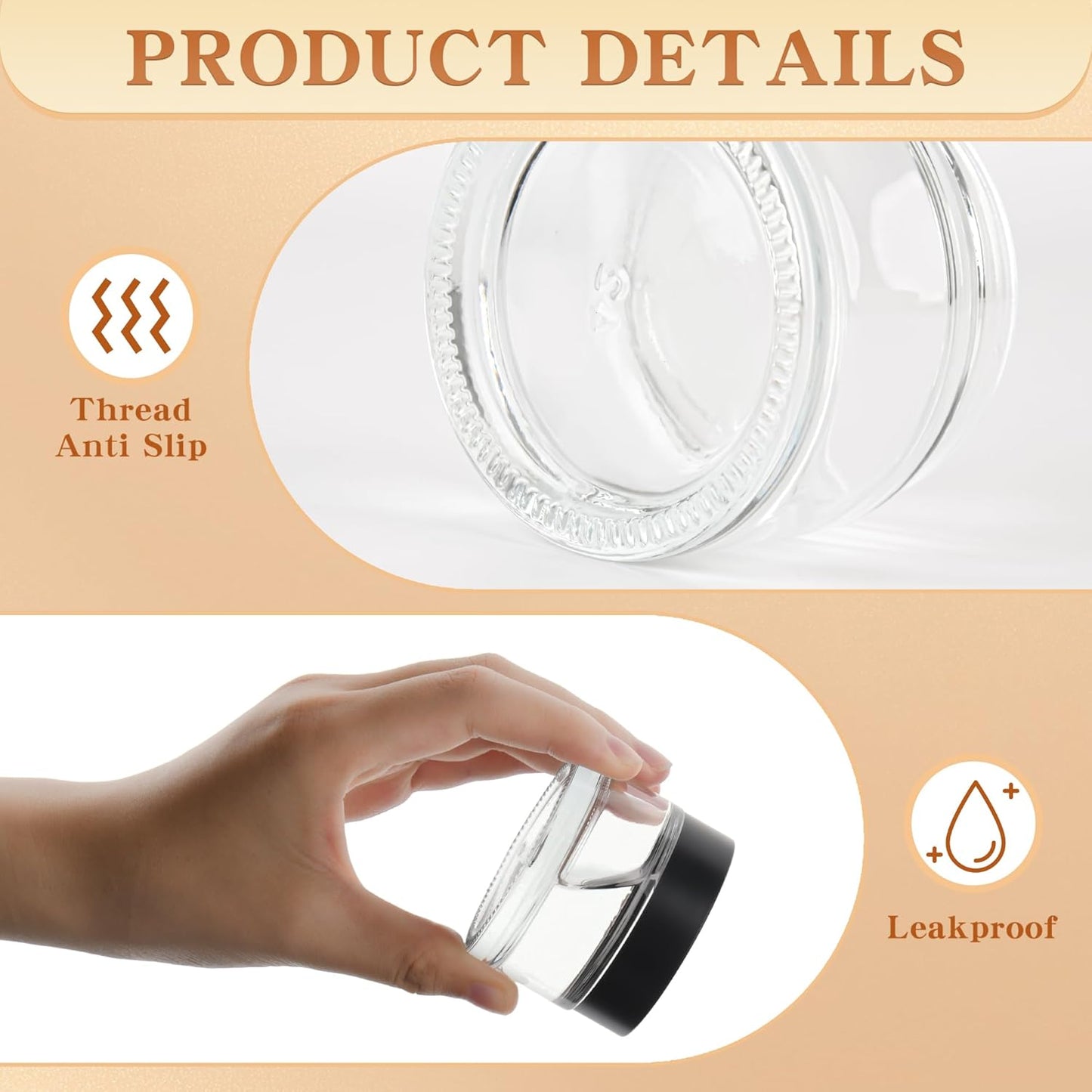 Glass Jars with Lids,Eco-Friendly Cosmetic Containers with Airtight Black Lids & Liners, Multi-Color Options for Cream, Lotion, Body Butter, DIY Skincare Travel Jars (Clear, 2oz)