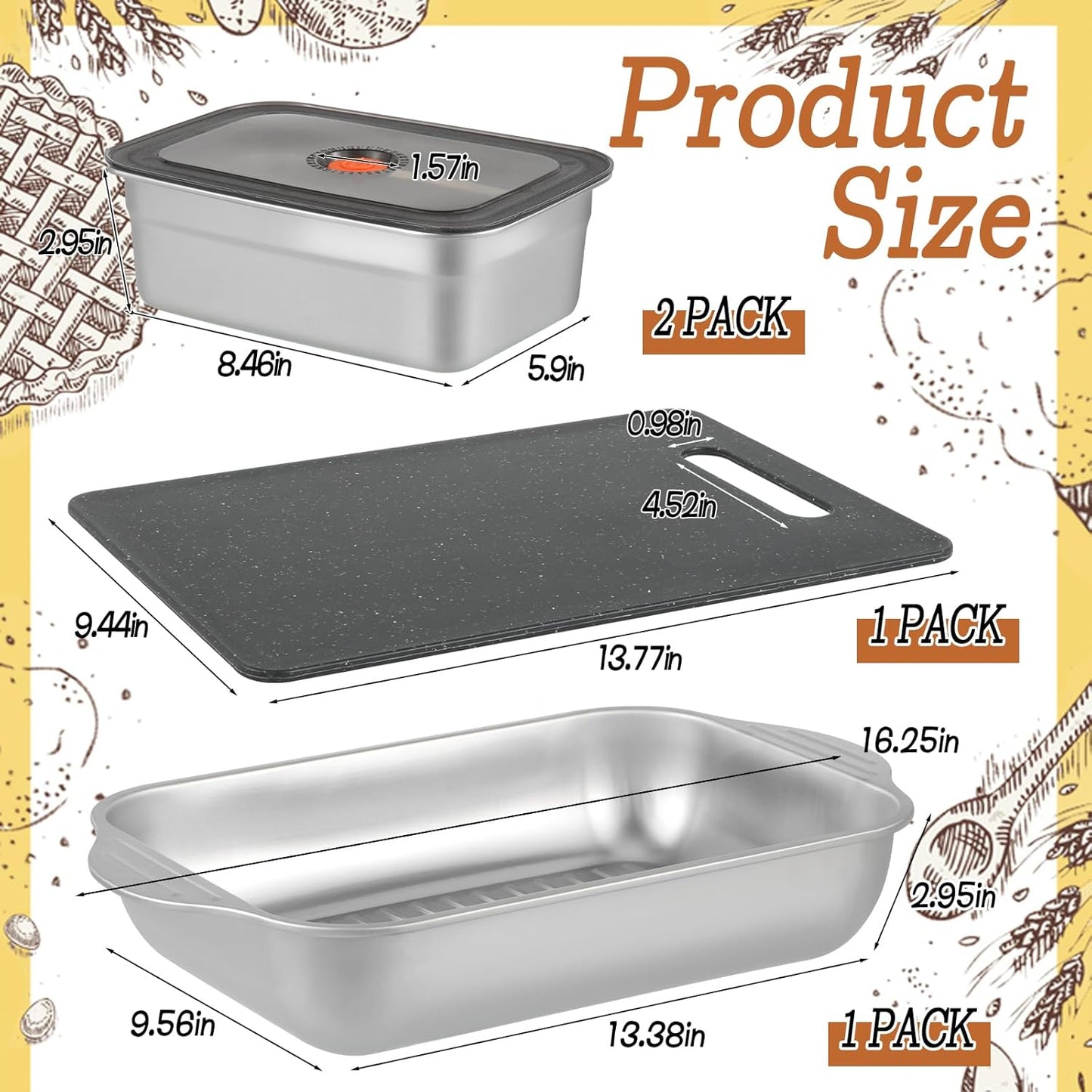 4 Pcs Grill Prep Trays Set Stainless Steel Grilling Prep And Serve Trays 2 Marinade Container with Lids and Cutting Board for Vegetables, Fish, Plating Food & BBQ Prep Tub