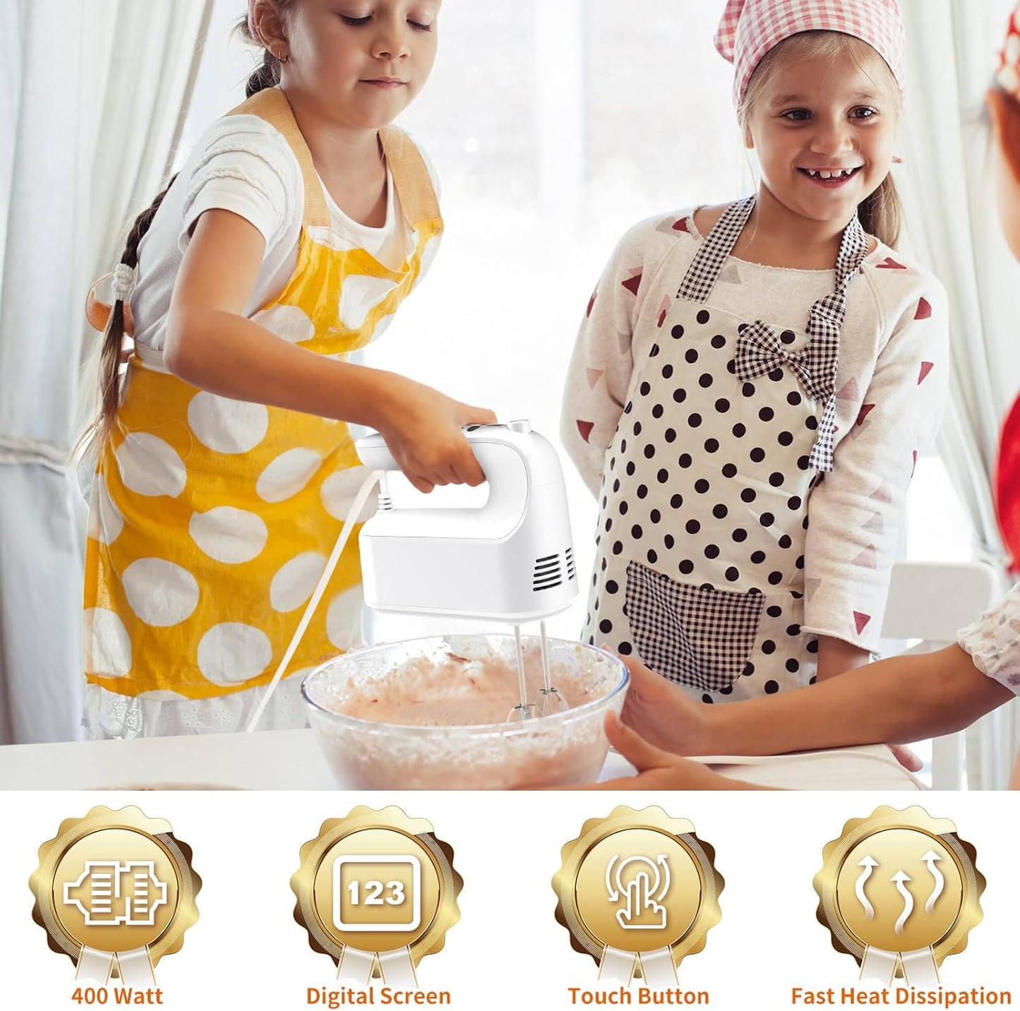 CBQ Hand Mixer Electric, 9 Speed 400W Handheld Mixer with Digital Display, Touch Button, Turbo, Snop-On Storage Case, 5 Stainless Steel Accessories, Mixer Electric Handheld for Cake, Cookie, Egg,