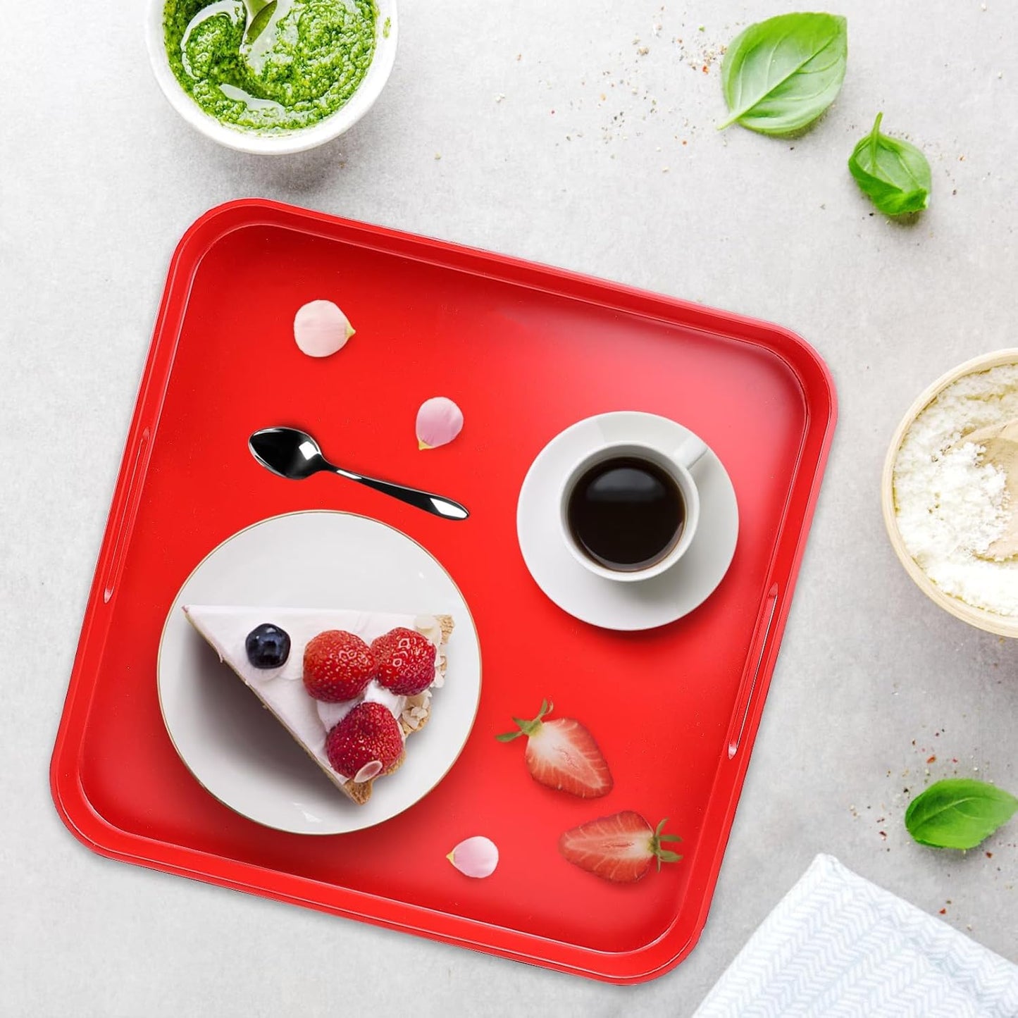 Square Red Decorative Serving Tray with Handles, Versatile Ottoman Tray for Coffee Table, Entertaining, Outdoor Patio, Living Room, 13”*13”*1.6”