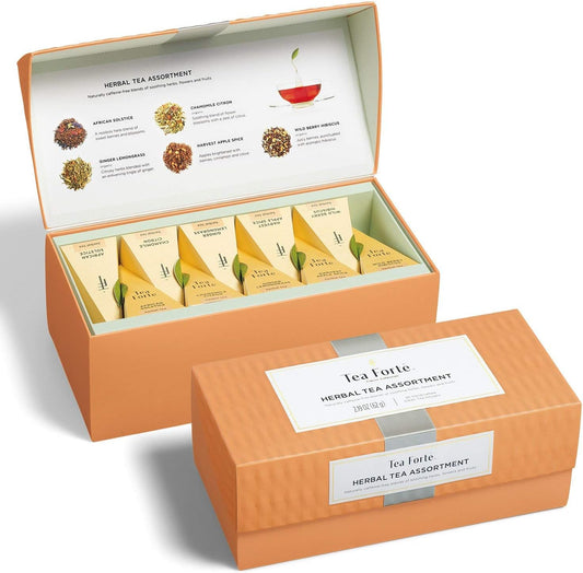 Tea Forte Assorted Herbal Presentation Box Tea Gift Set Sampler, 20 Count, 2 of Each Variety Individually Wrapped Handcrafted Pyramid Infuser Bags