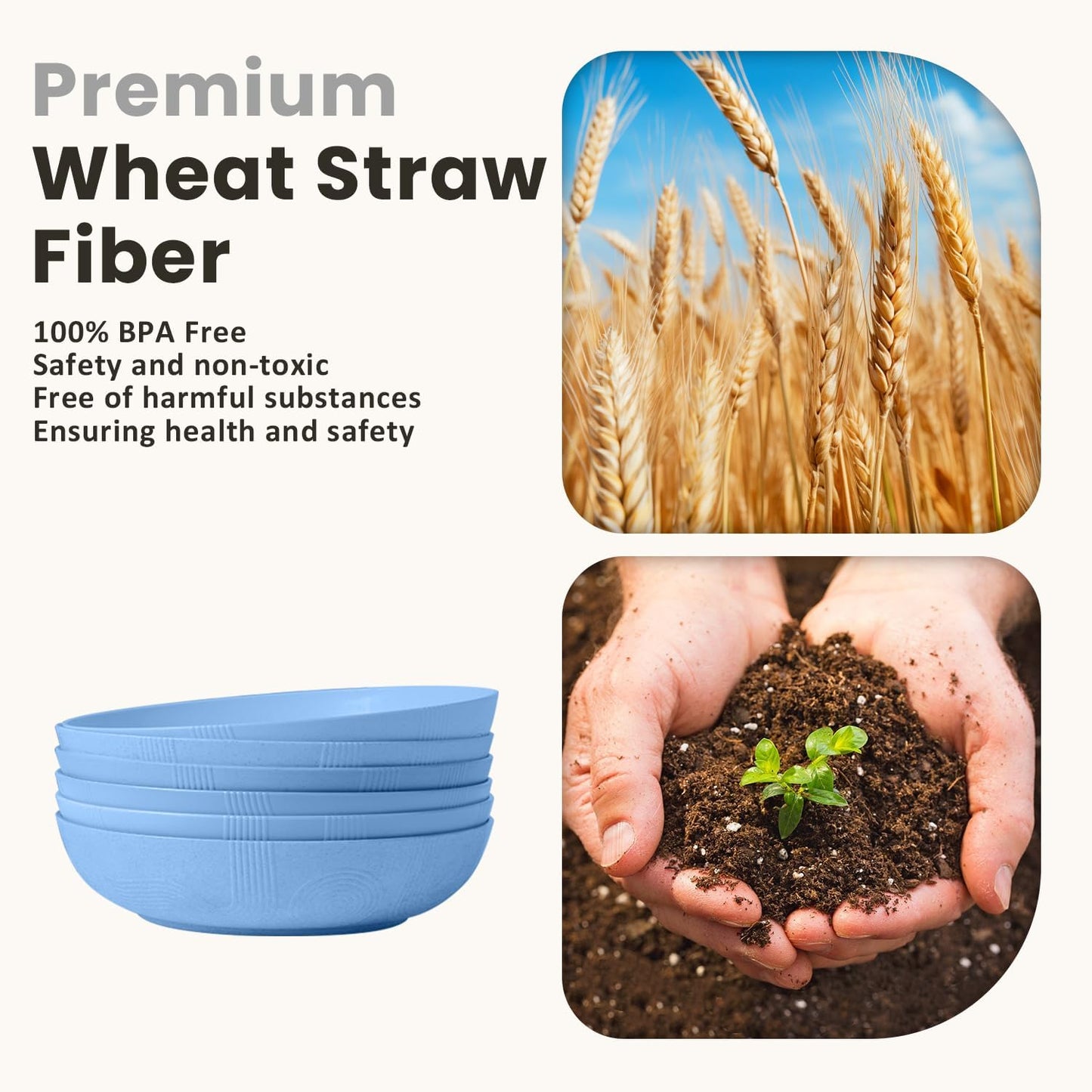 Homienly Wheat Straw Big Bowls Salad Bowls Set of 6 10 inch Serving Bowls 65 oz Large Bowls Plastic Plates Bowls Wide and Shallow Bowls for Kitchen Microwave & Dishwasher Safe-Sky Blue