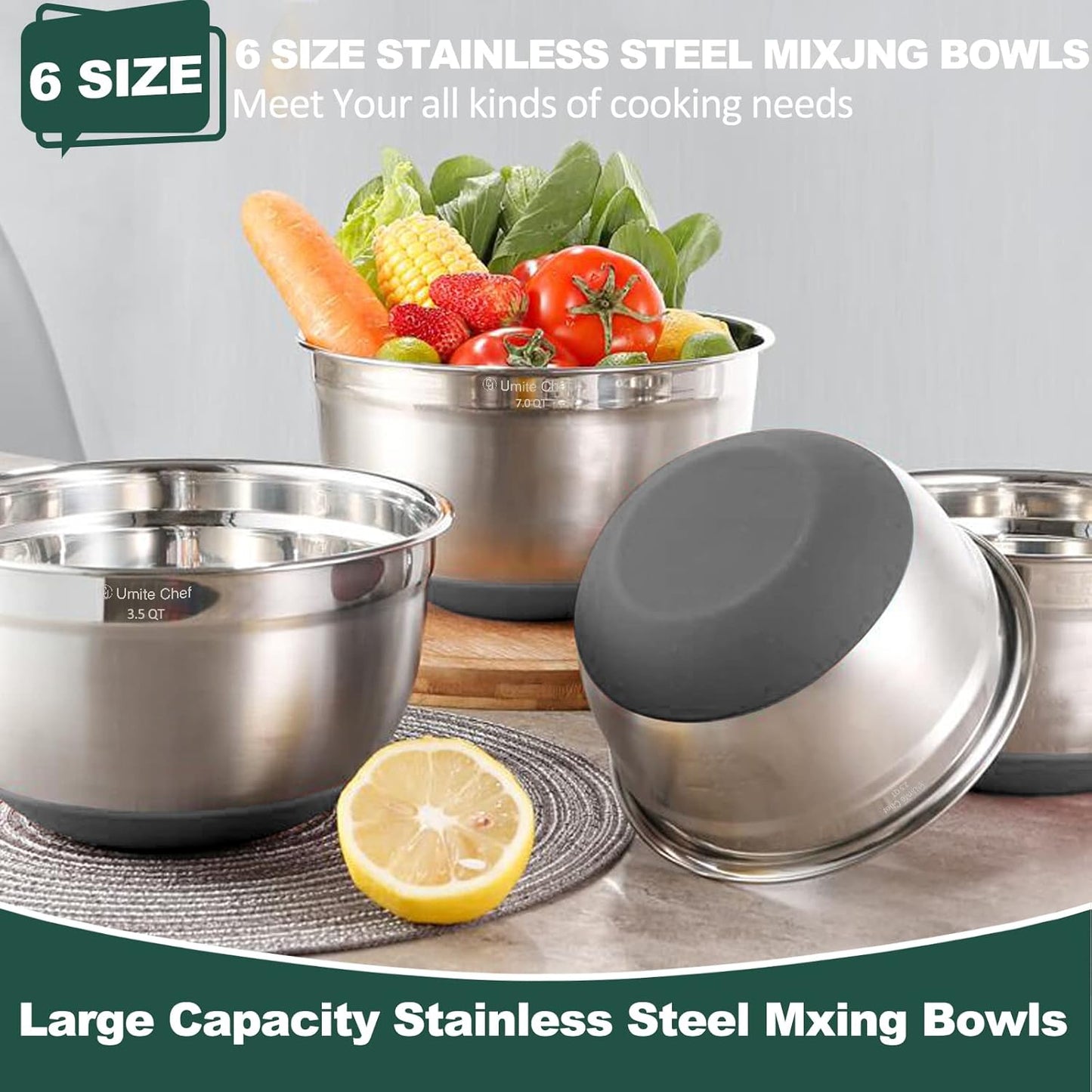 Umite Chef Mixing Bowls with Airtight Lids，6 piece Stainless Steel Metal Nesting Storage Bowls, Non-Slip Bottoms Size 7, 3.5, 2.5, 2.0,1.5, 1QT, Great for Mixing & Serving(Grey)
