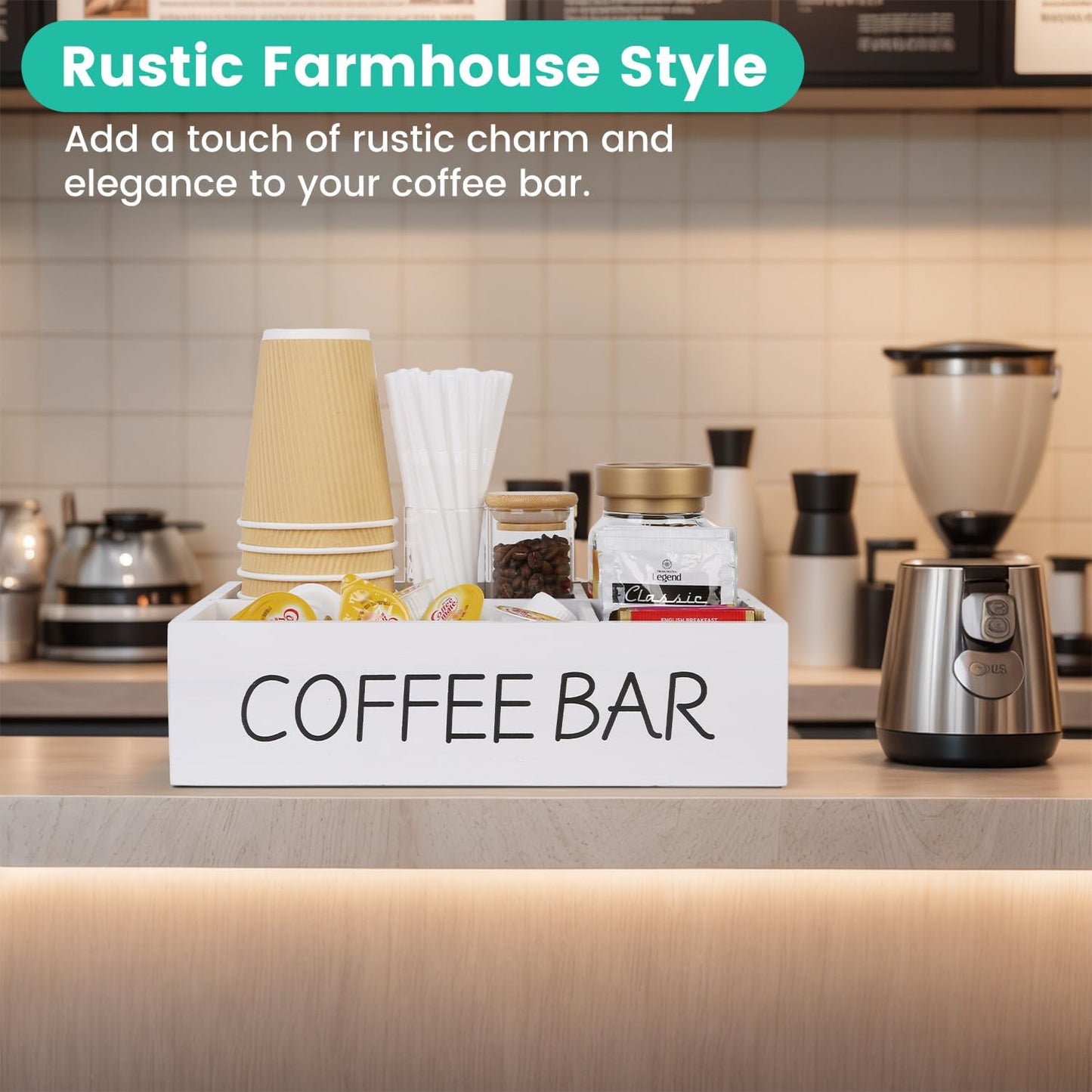 Coffee Bar Organizer – Wooden Coffee Station with 4 Compartments, Removable Dividers, and Condiment Storage for Home & Office