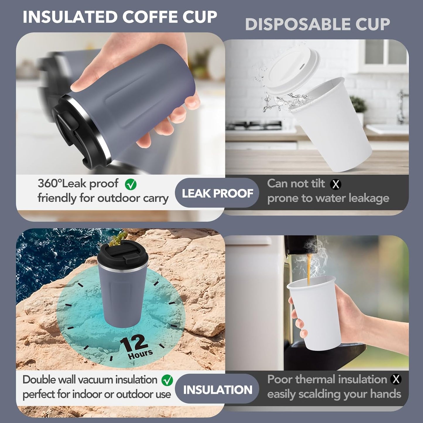 Volhoply 12 oz Double Wall Insulated Vacuum Travel Coffee Mugs with Flip Lid Bulk 2 Pack,Reusable Stainless Steel Leak Proof Coffee Cup,Portable Cafe Thermal Tumbler for Hot & Cold Drinks(Gray,2 Set)