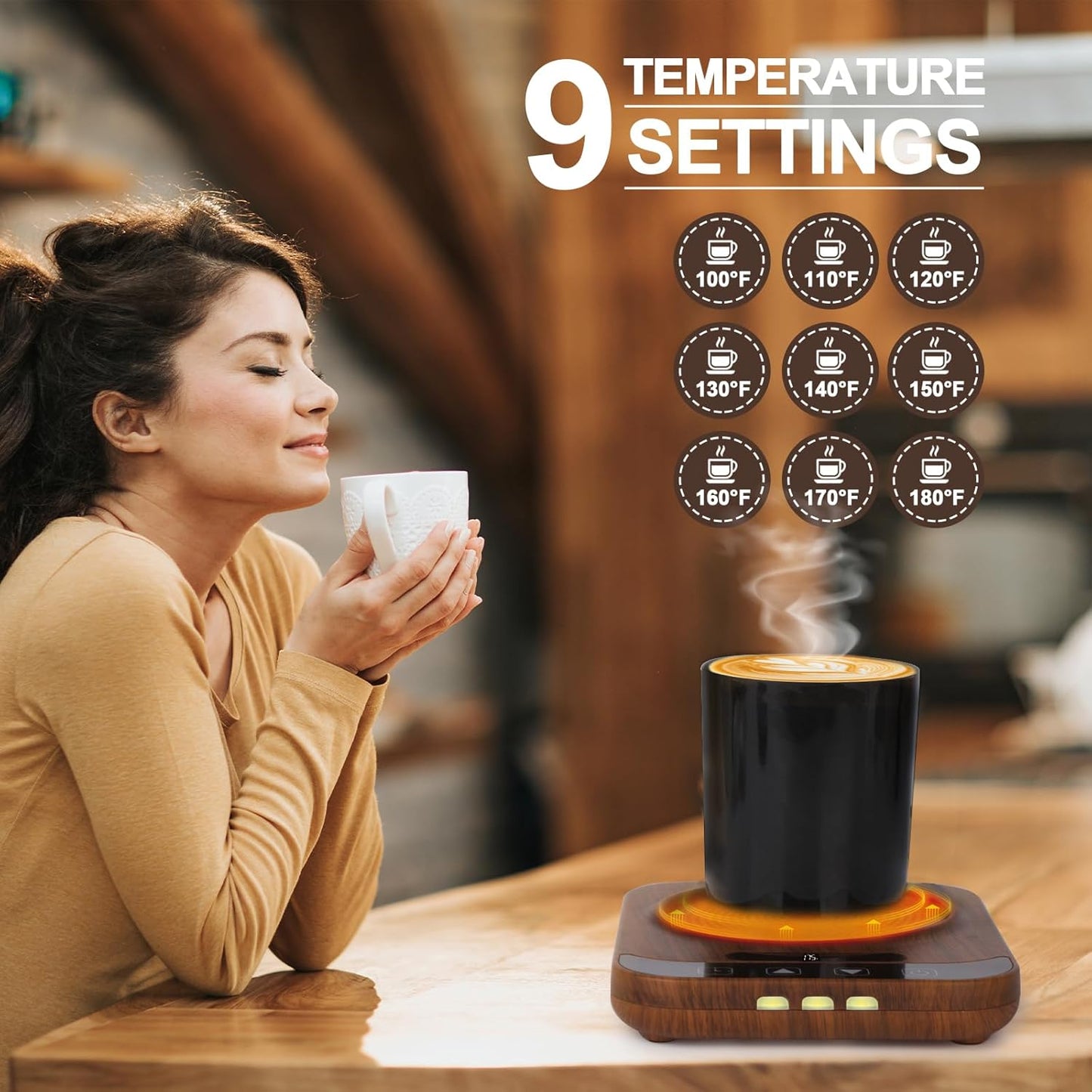 Coffee Mug Warmer, Candle Tank Warmers，Auto Shut Off,9 Temperature Settings and 1-12 Hour Timer to Keep Beverages Like Coffee, Tea, Water, Milk and Cocoa Warm.（Wood）