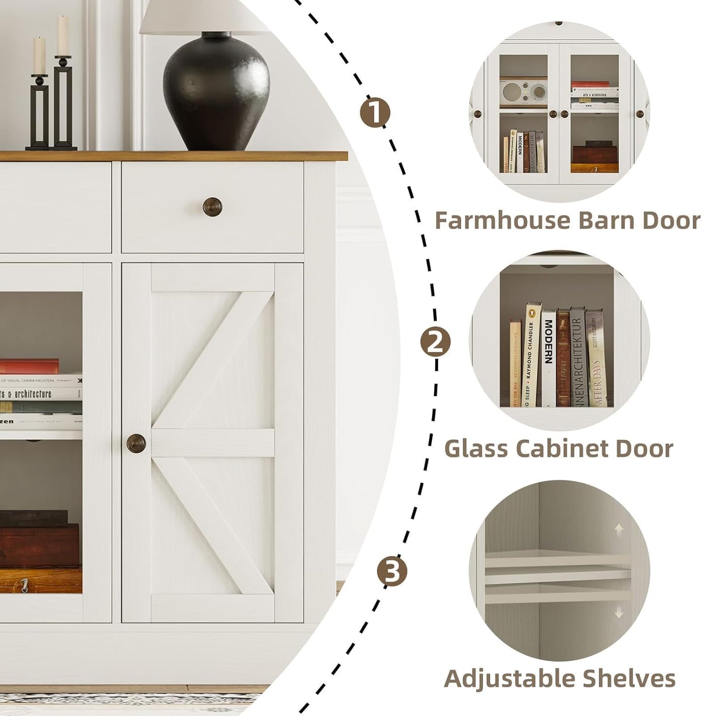 4 EVER WINNER 55" Buffet Cabinet with Storage, Farmhouse Coffee Bar Cabinet with Glass Doors and Drawers, Sideboard Cabinets with Adjustable Shelves for Living Room, Kitchen, White