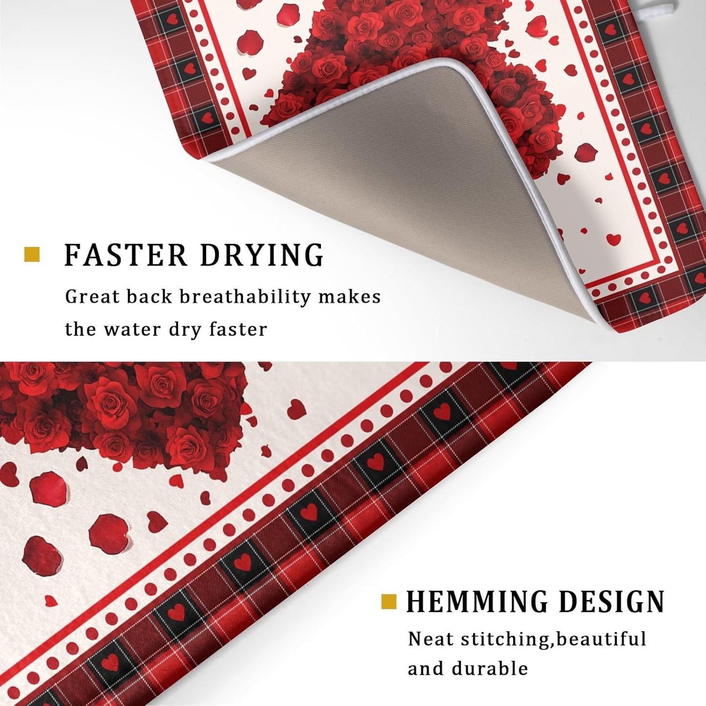 Giwawa Love Heart Dish Drying Mat 18x24 inch Valentines Day Red Rose Flowers Dish Drainer Mats Red Black Buffalo Plaids Absorbent Dish Drying Pad for Kitchen Countertop Wedding Large Decor