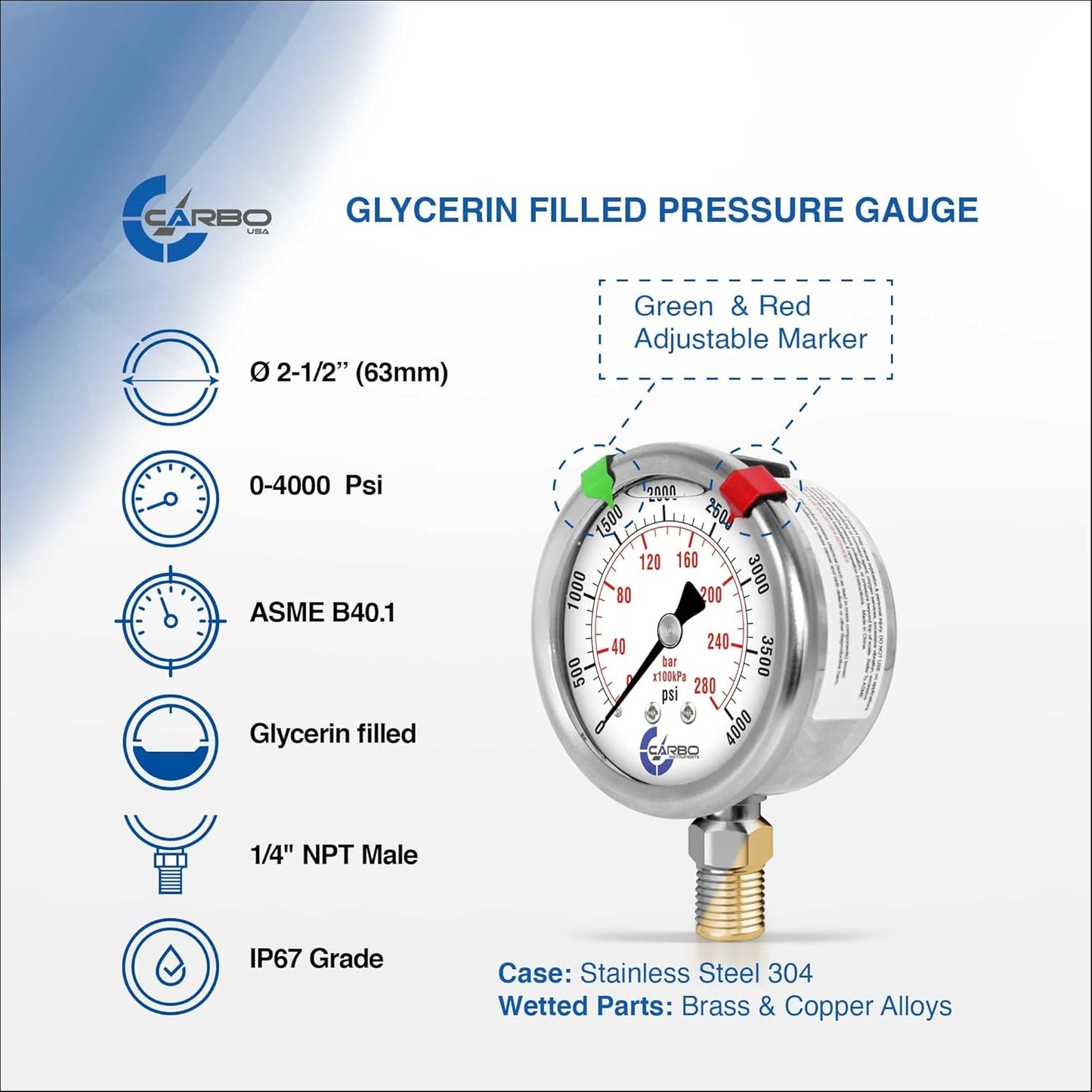Stainless Steel Pressure Gauge Dual Display (0-4000 psi/kPa) - 2 1-2" Glycerine Liquid Filled Water Air Oil Gas Gauge with Polycarbonate Lens & Brass Connection- 1/4" NPT Lower Mount