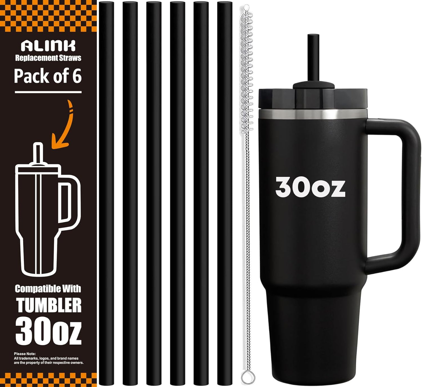 ALINK Black Replacement Straws for Stanley 30 oz Tumbler, DISHWASHER SAFE, 6 Pack Reusable Plastic Straws Compatible with 30oz Stanley Adventure Quencher Cups, Plus Brush