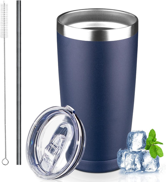 20 oz Tumbler with Lids and Straws, Stainless Steel Insulated Coffee Tumbler, Double Wall Vacuum Insulated Travel Mug Cup, Leakproof Thermal Coffee Cup for Hot and Cold Drinks (navy blue)