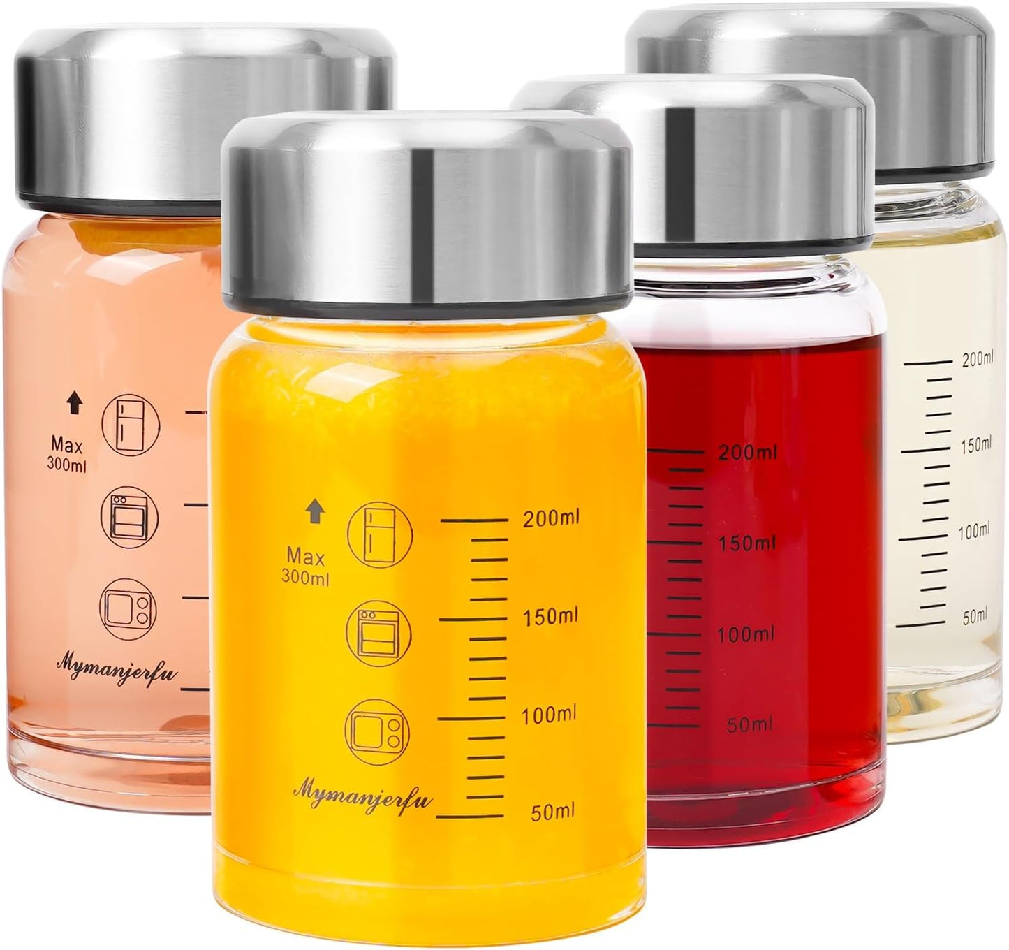 Glass Juice Bottles 4 Pack 10 oz - Wide Mouth Glass Water Bottles with Lids - for Juicing, Smoothies, Milk, Protein, BPA Free, Reusable, Stainless Steel Lids, Leak Proof, Shaker bottle (10oz/300ml)