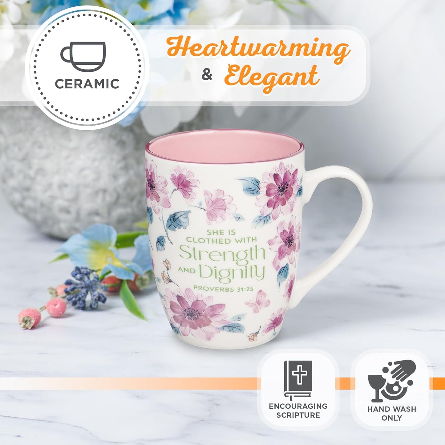 Christian Art Gifts Inspirational Ceramic Coffee & Tea Mug for Women: Strength & Dignity Encouraging Bible Verse Proverb, Microwave & Dishwasher Safe Drinkware, White, Pink & Fuchsia Floral, 12 oz.