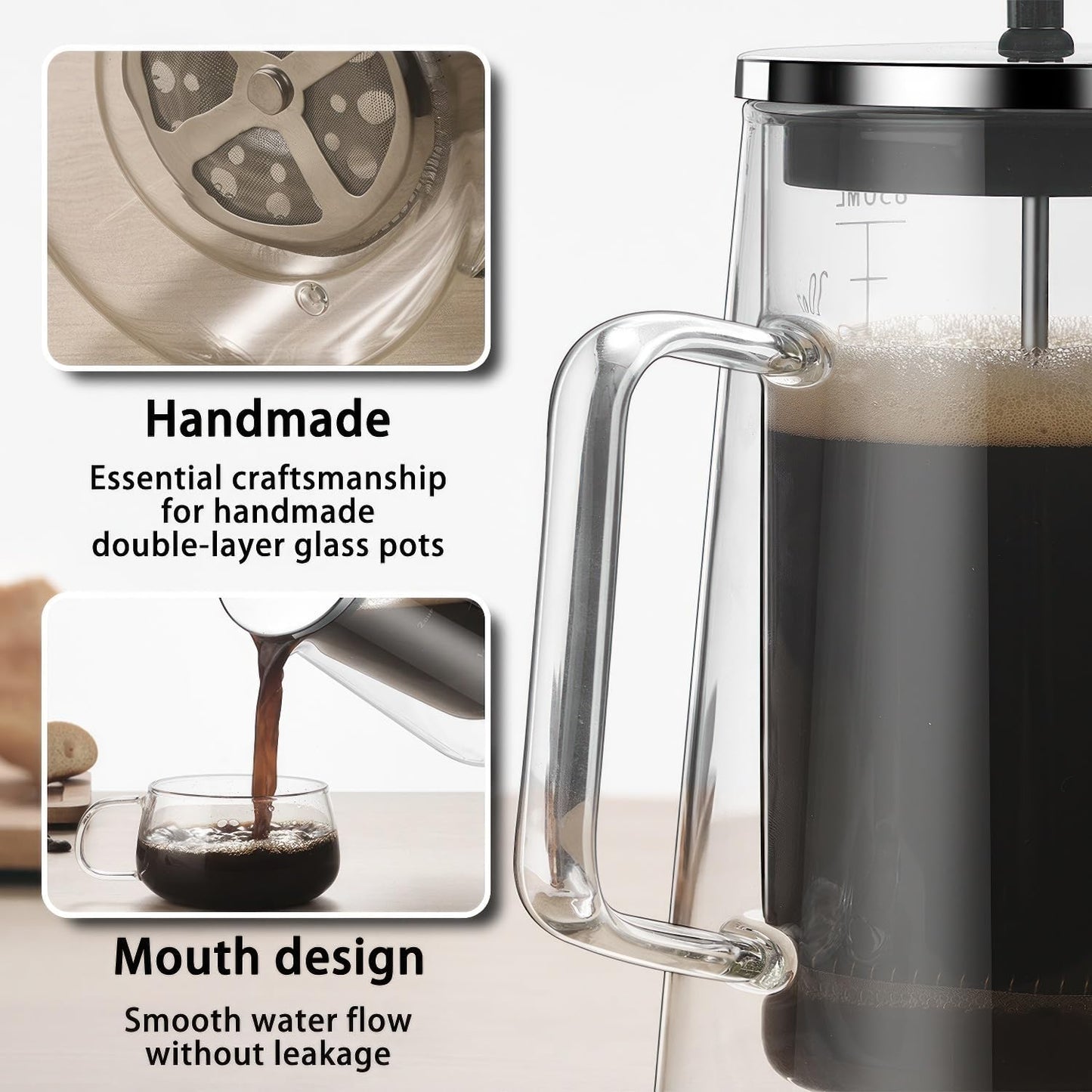 French Press Coffee Maker 22Oz - Double-Wall Insulated Borosilicate Glass - Ergonomic Handle - Coffee Gift - Tea & Coffee Press